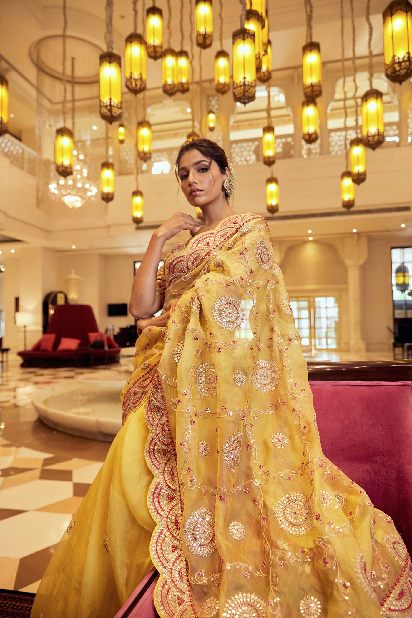 yellow organza saree set