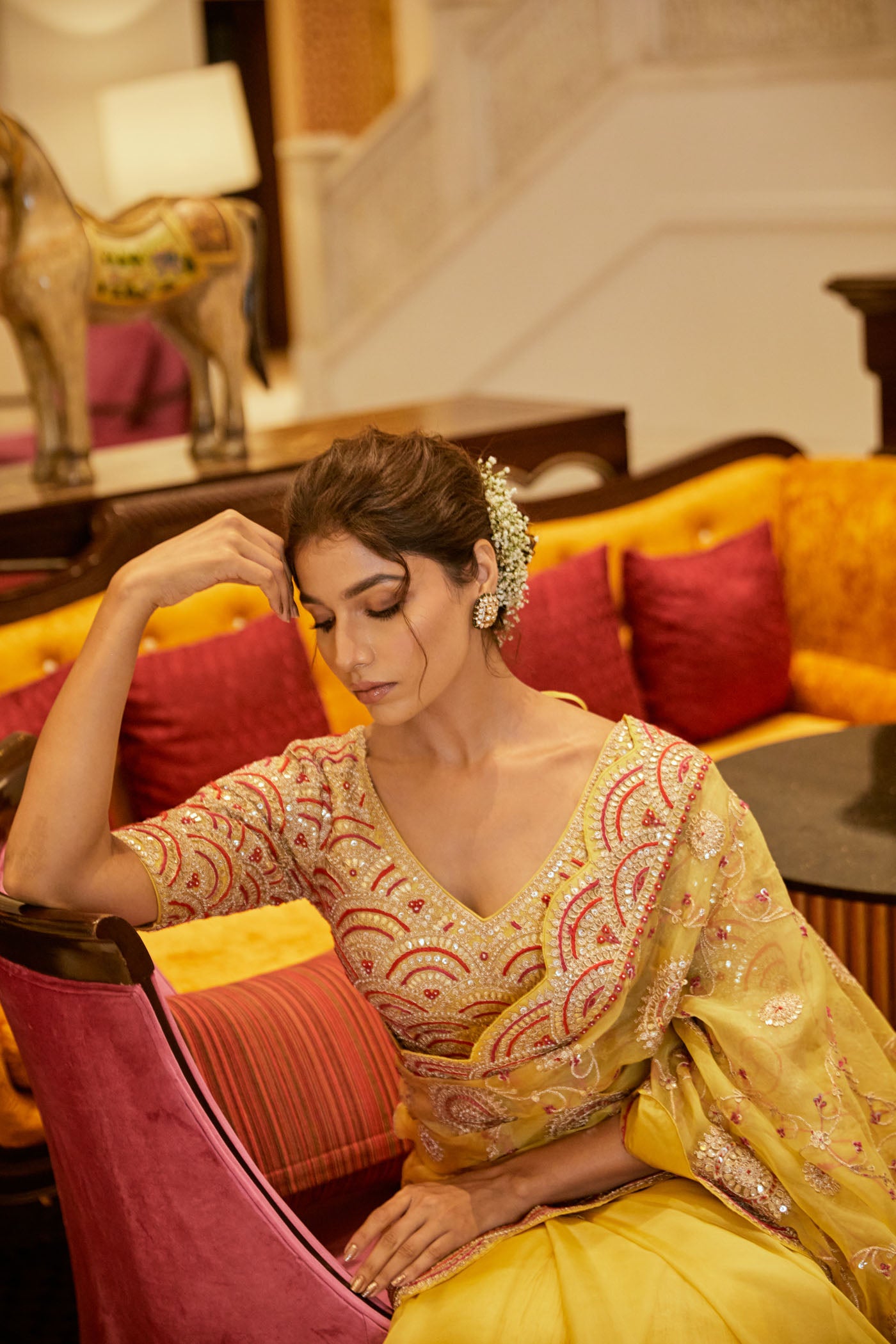 yellow organza saree set