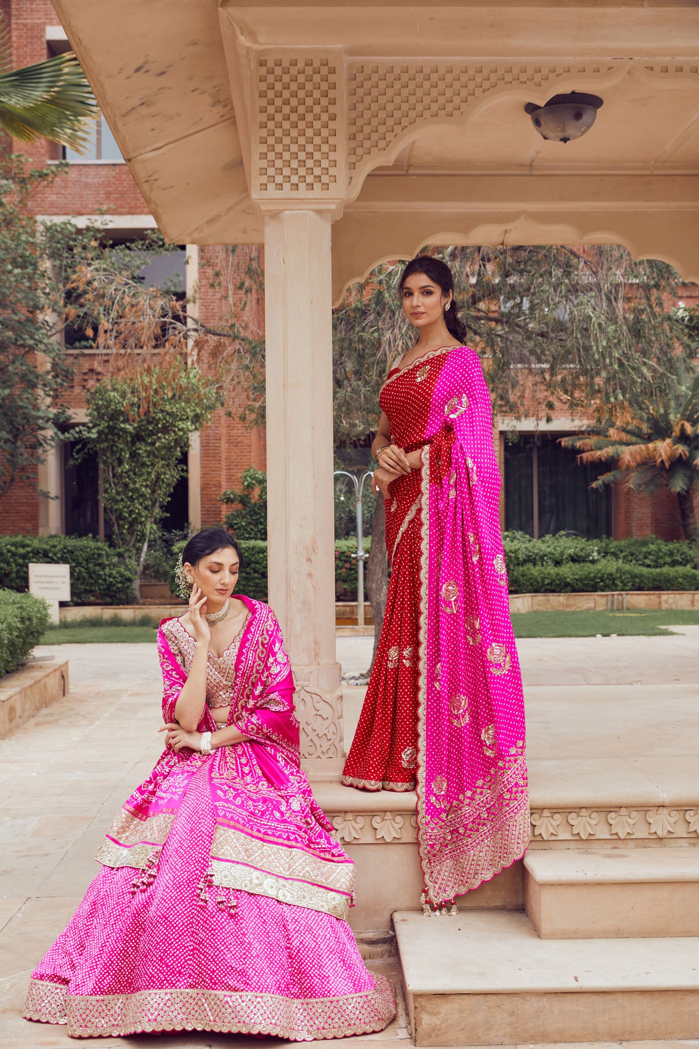 RED PINK BANDHANI SAREE SET