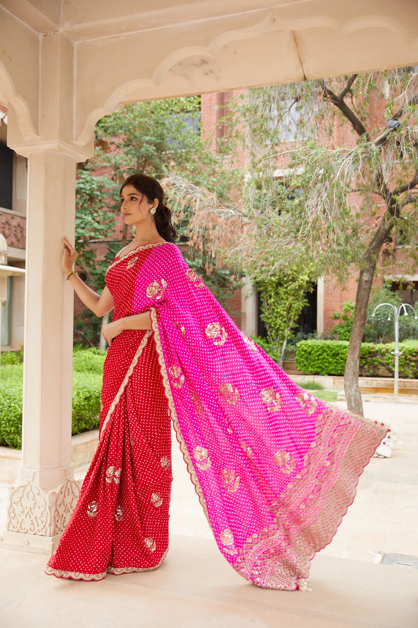 RED PINK BANDHANI SAREE SET
