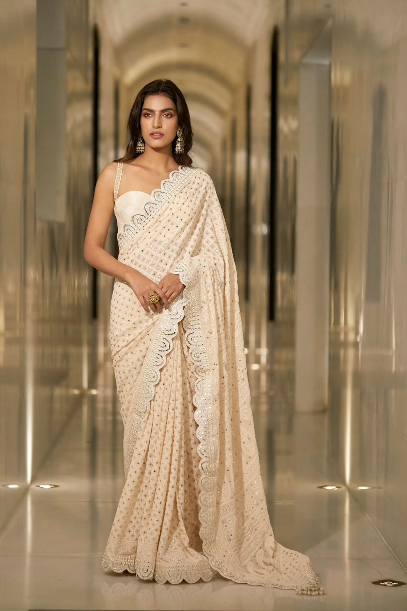 IVORY CHIKANKARI SAREE SET