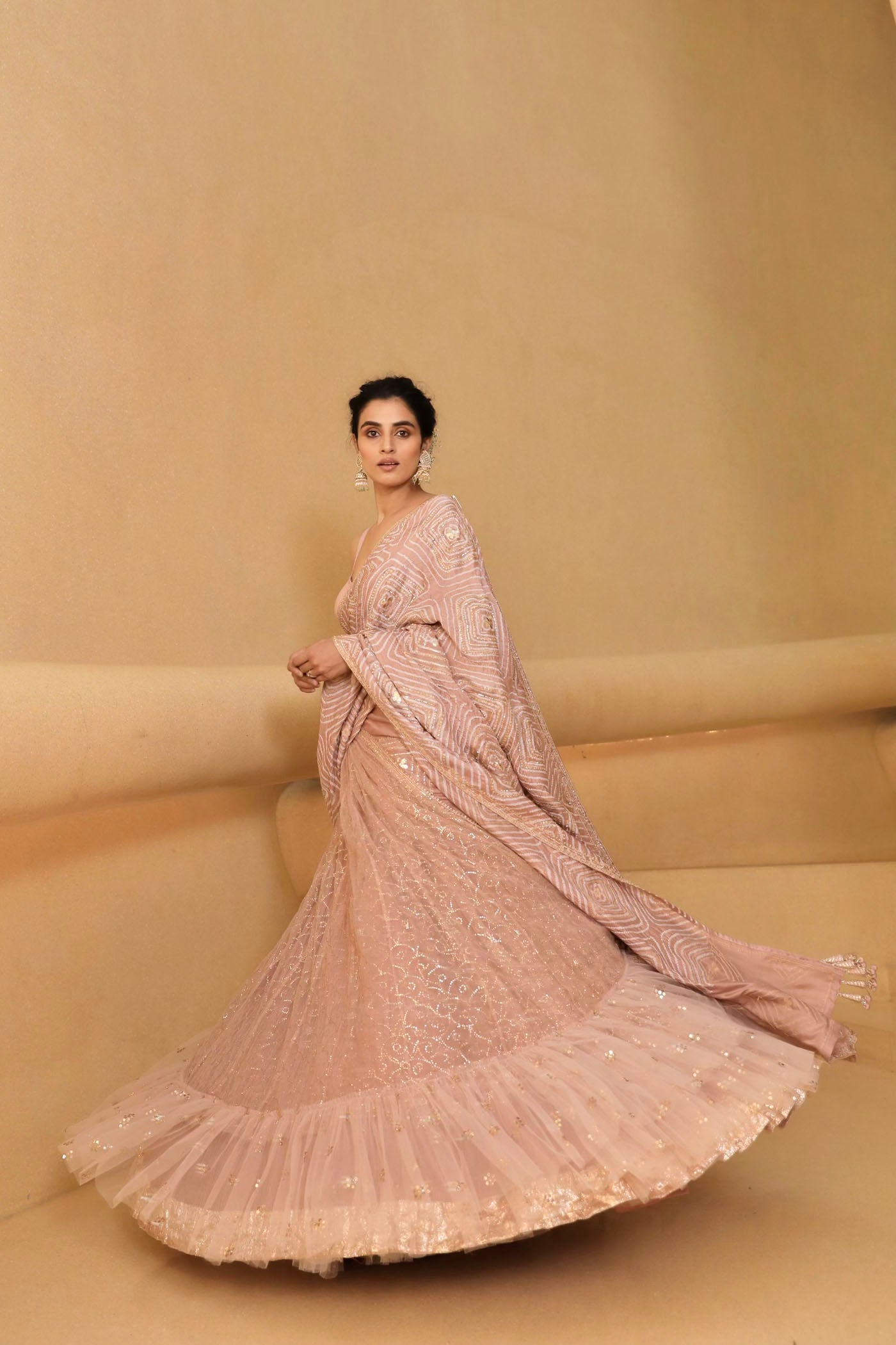 Nude pink lehenga saree