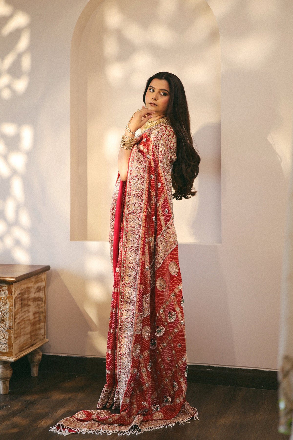 Radhika Bhardwaj In Royal Red Ghatchola Bandhani Saree Set