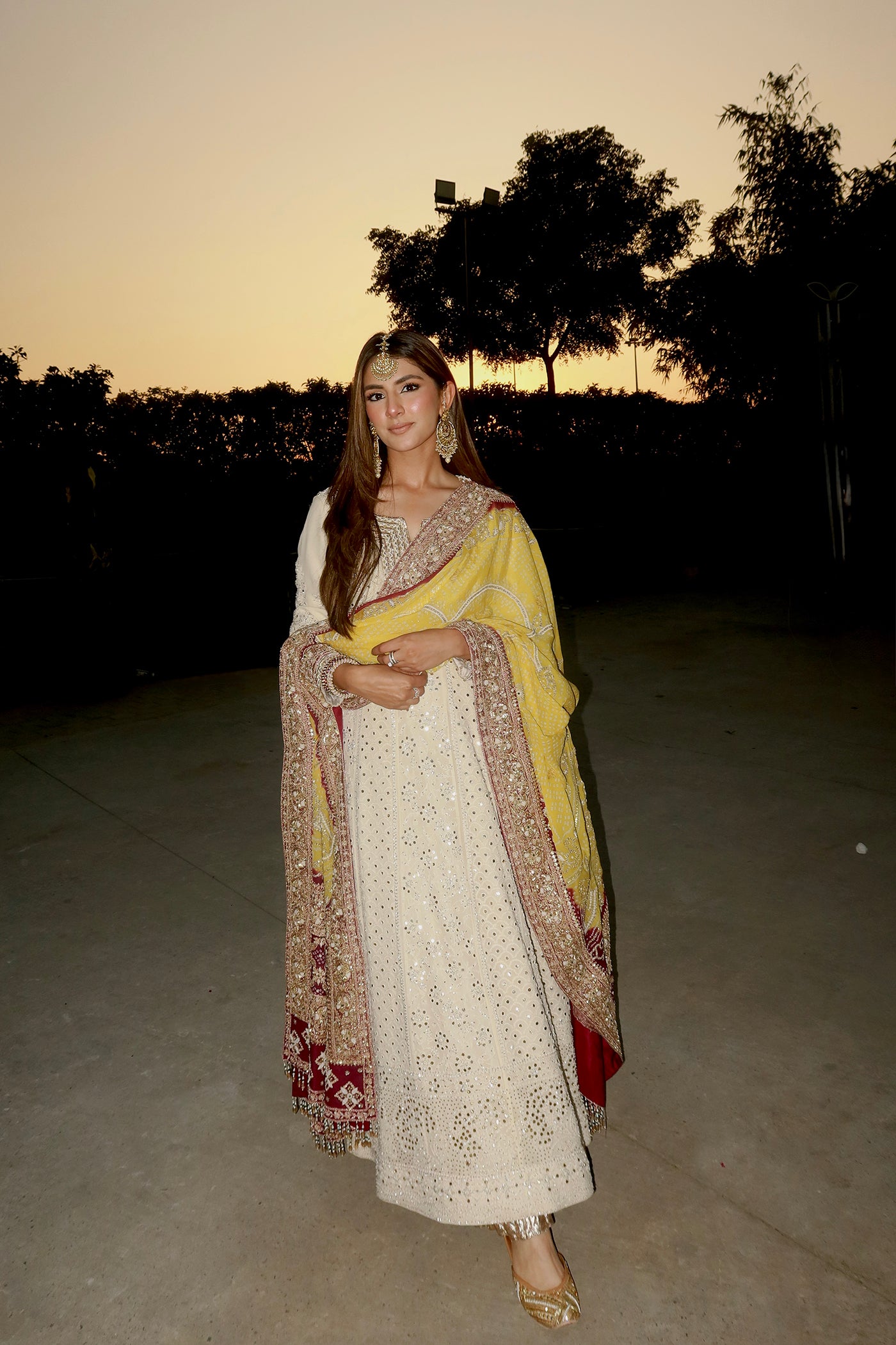 MEHER TALUJA In Ivory chikankari anarkali with yellow purple bandhani dupatta