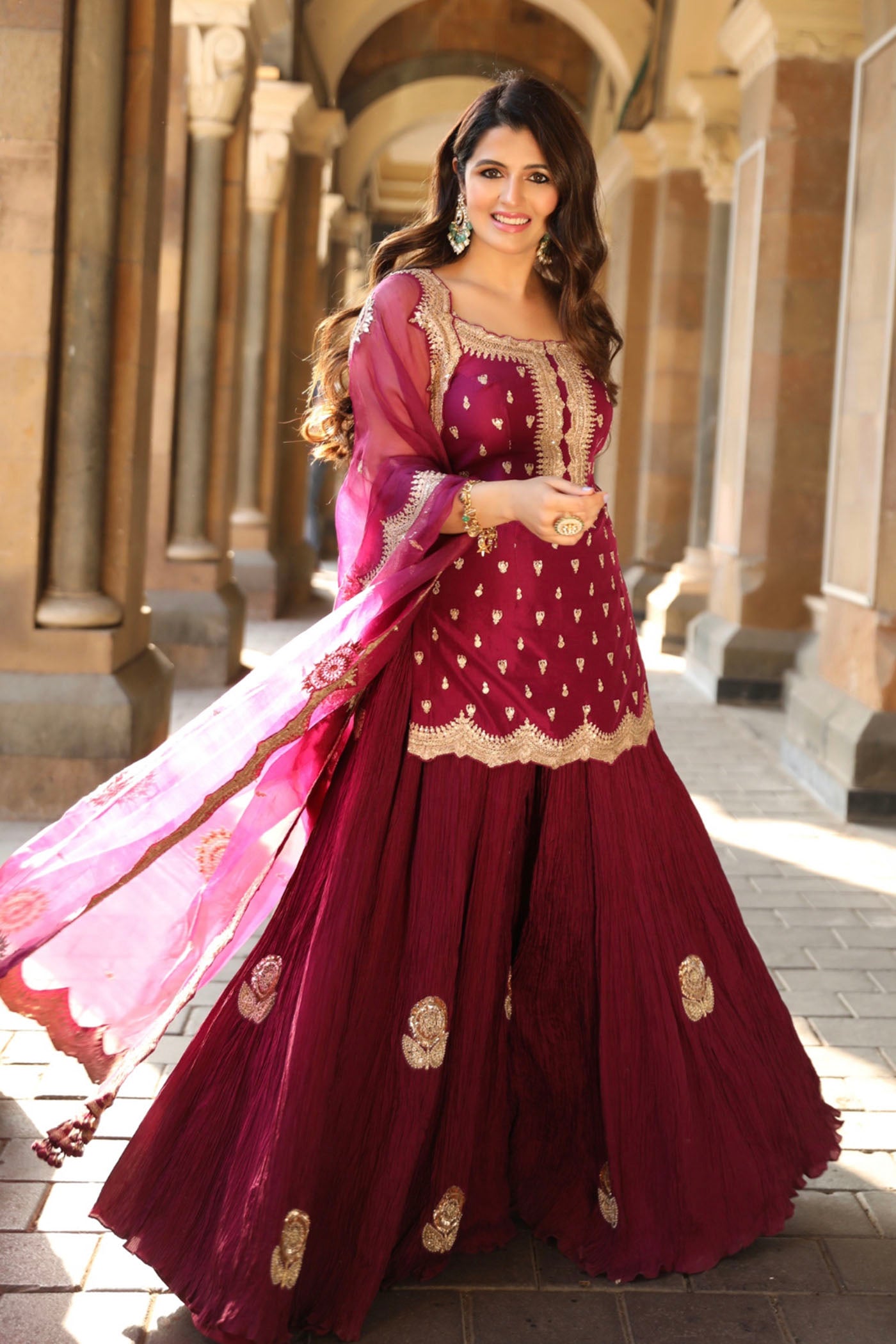 Purple Crushed Sharara Set