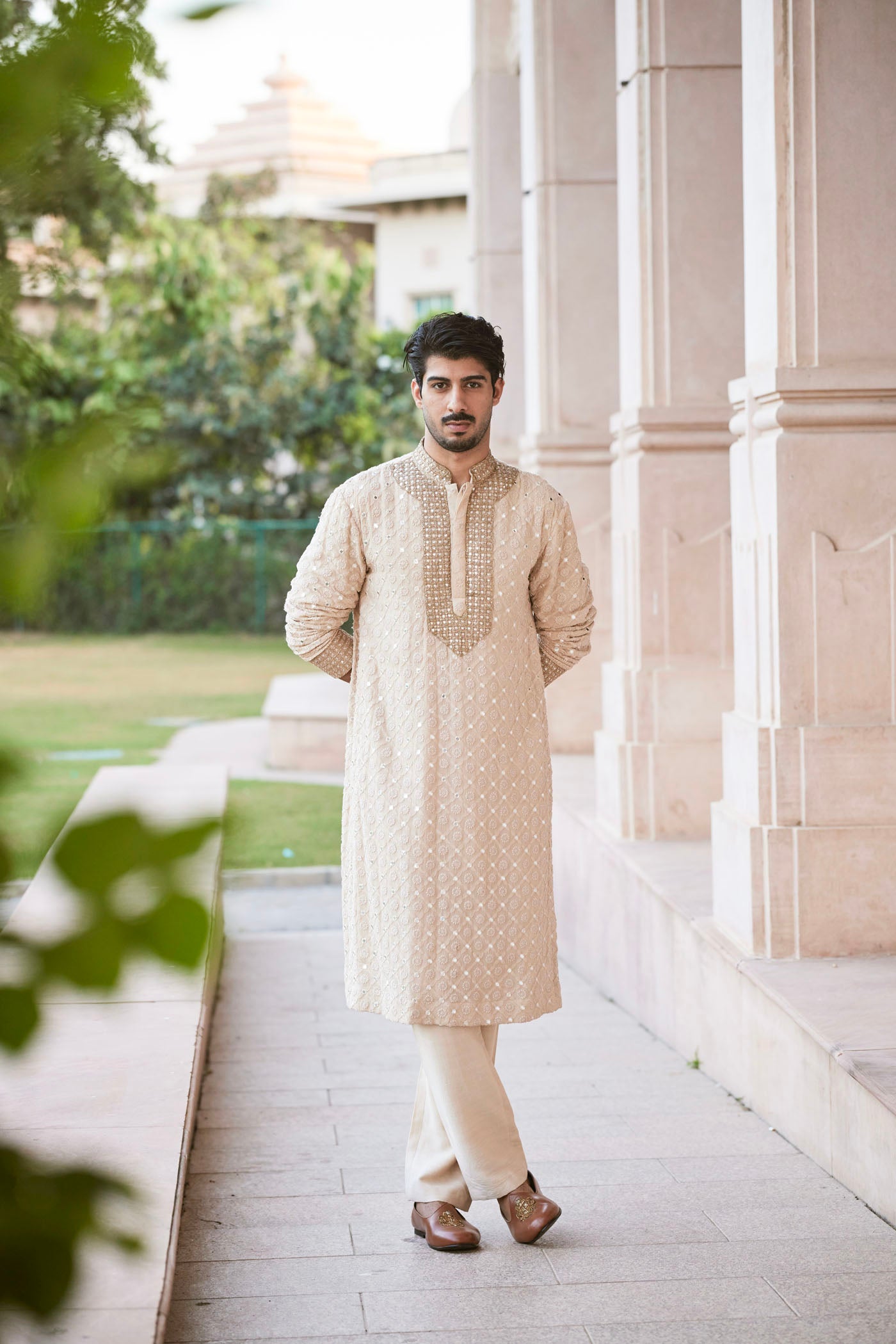 Beige Embroidered chikankari Kurta Set