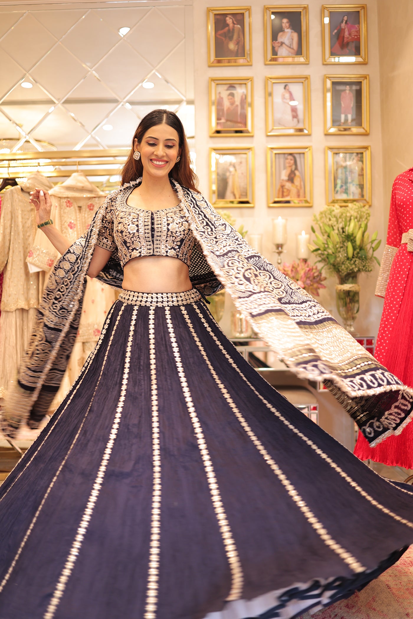 Navy Blue Crushed Lehenga Set