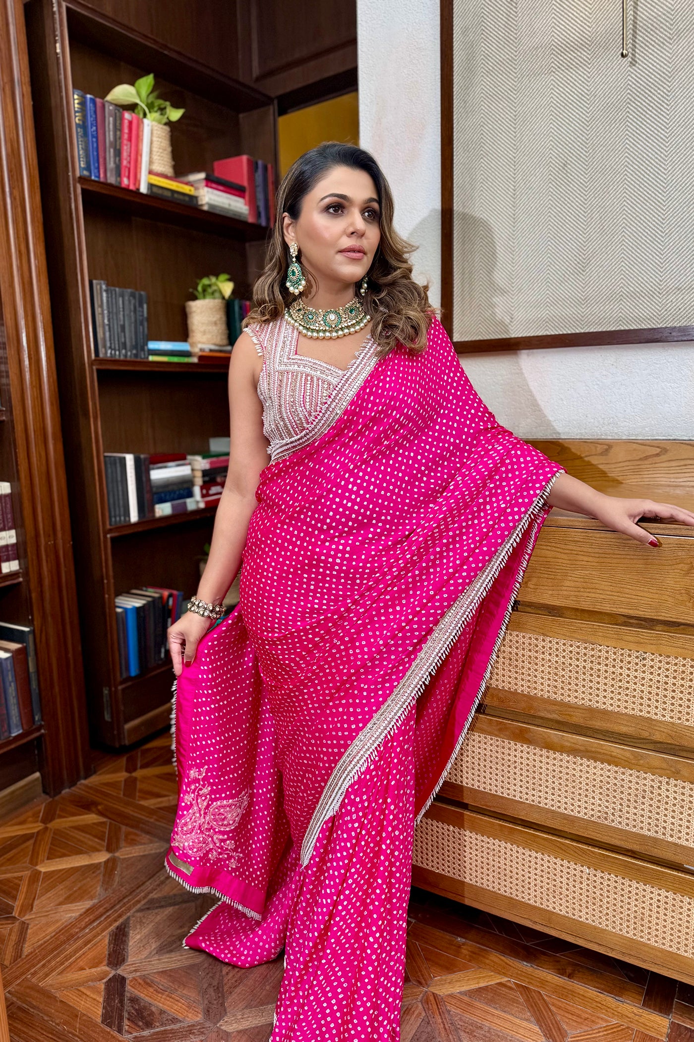 Fuschia Pink Gajji Silk Bandhani Saree Set