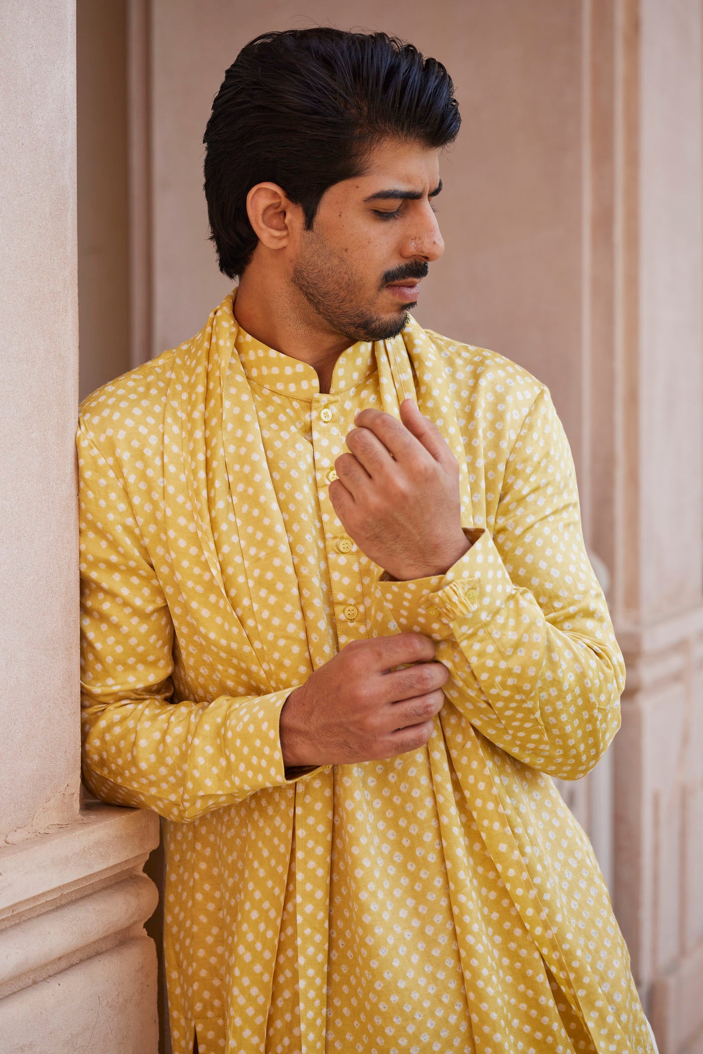 YELLOW DOT BANDHANI GAJJI SILK KURTA SET