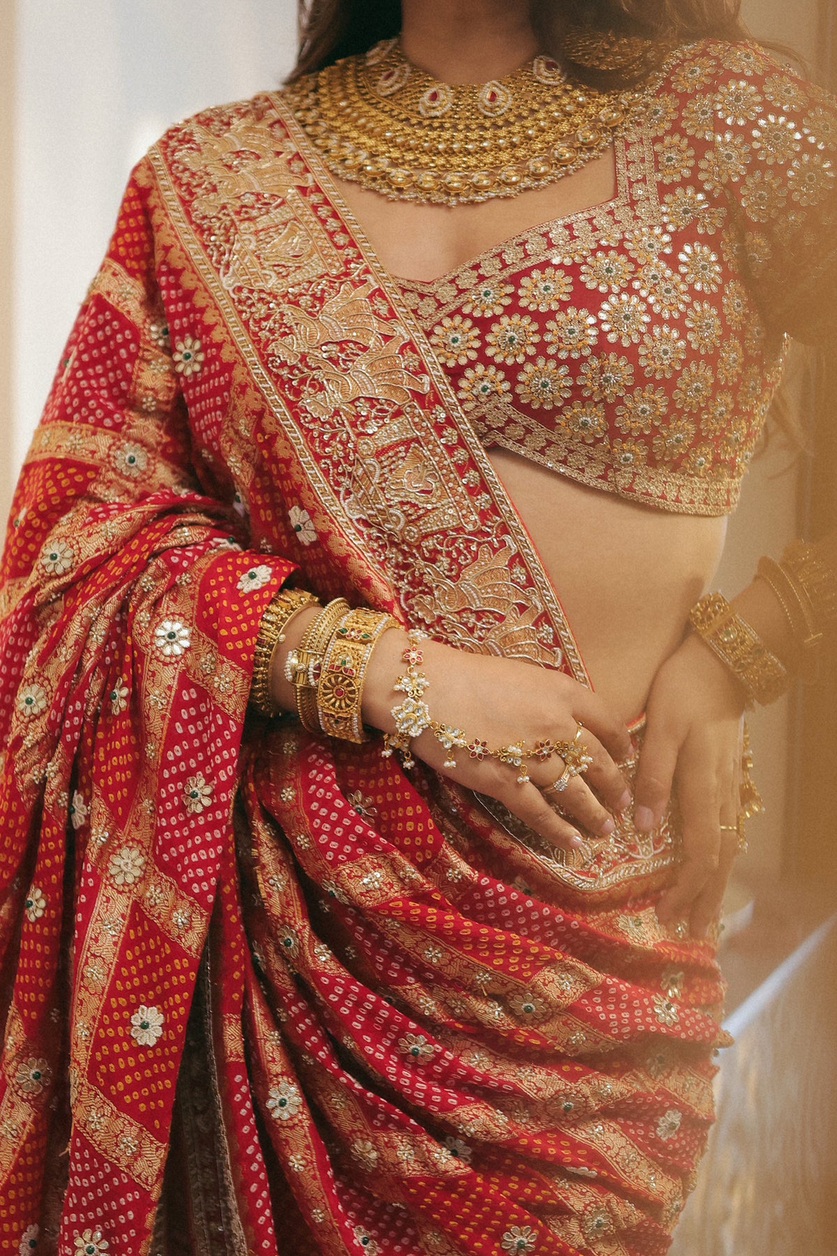 Radhika Bhardwaj In Royal Red Ghatchola Bandhani Saree Set