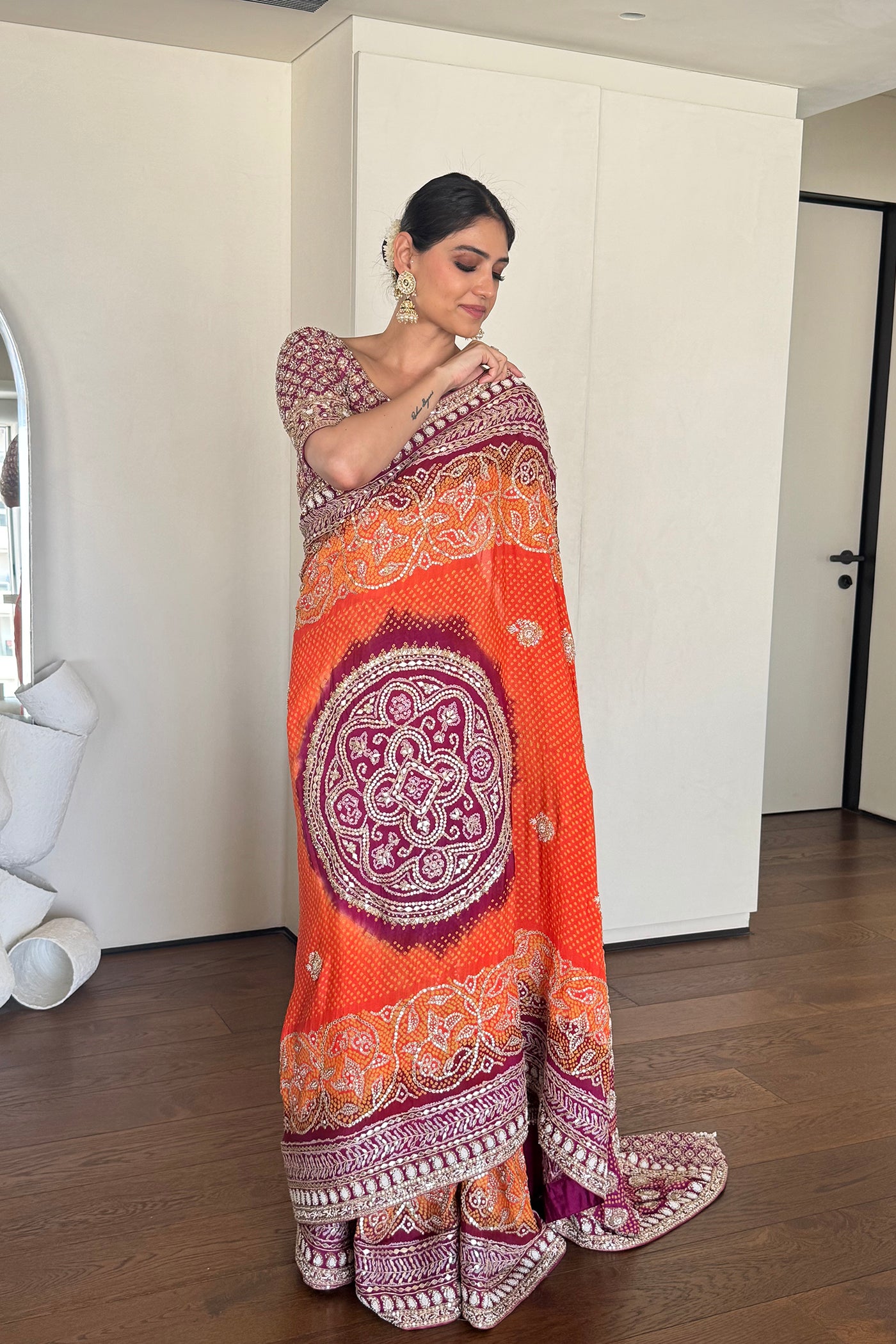 Orange And Purple Georgette Bandhani Saree Set