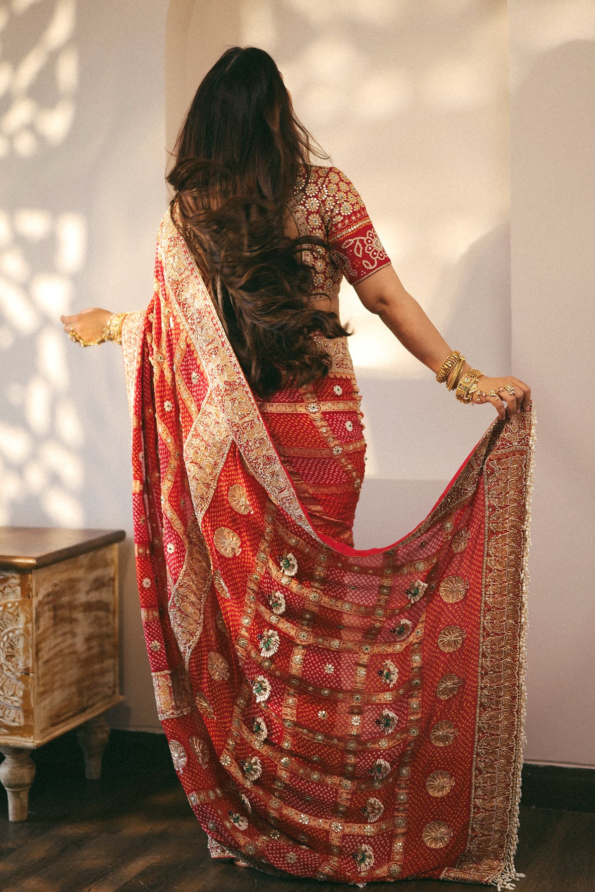 Radhika Bhardwaj In Royal Red Ghatchola Bandhani Saree Set