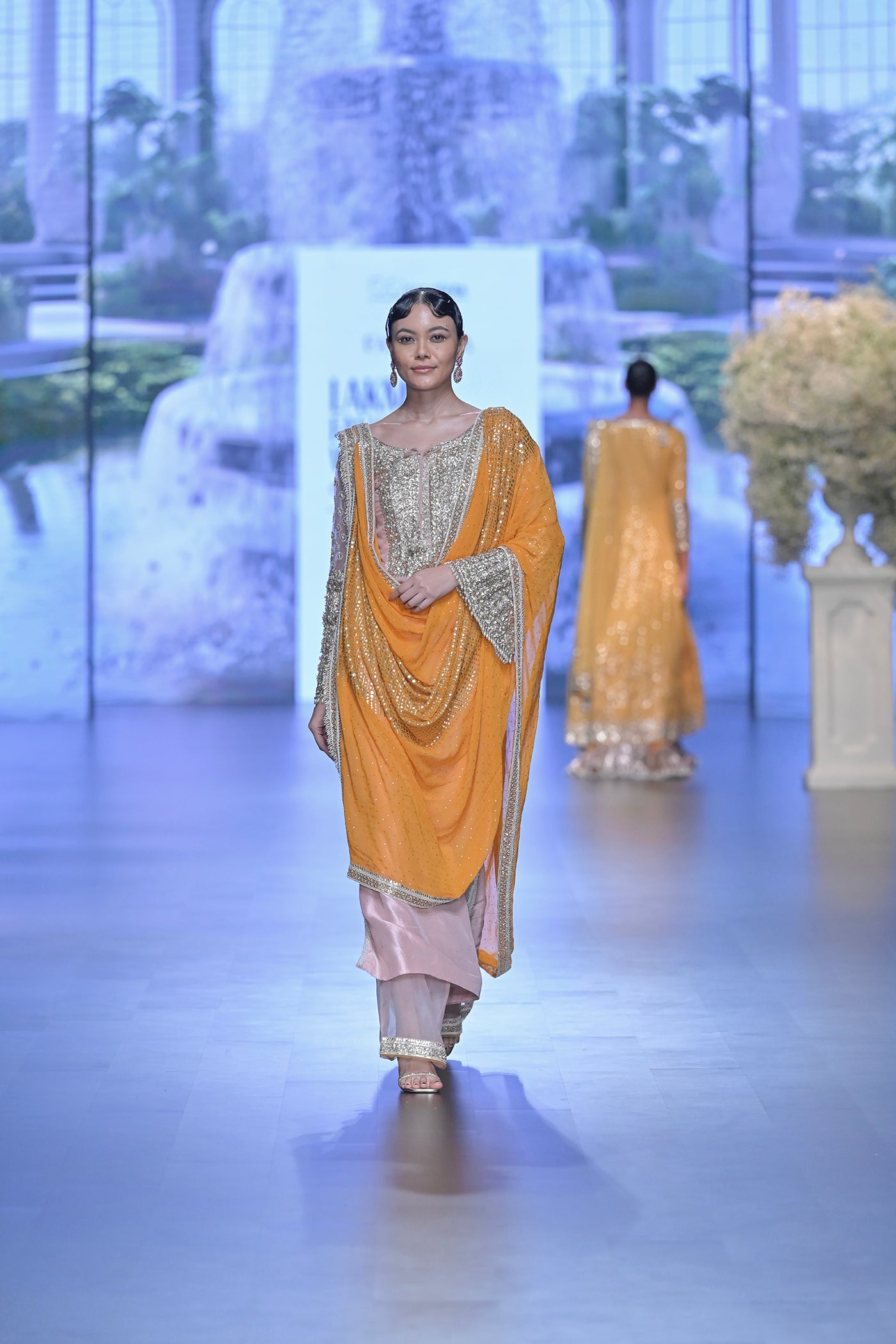 Baby pink Embellished Kurta Set with Draped Dupatta