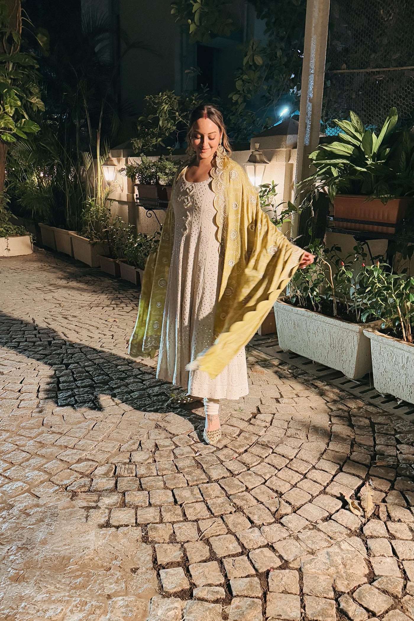 IVORY GEORGETTE CHIKANKARI ROSE MUKAISH ANARKALI SET