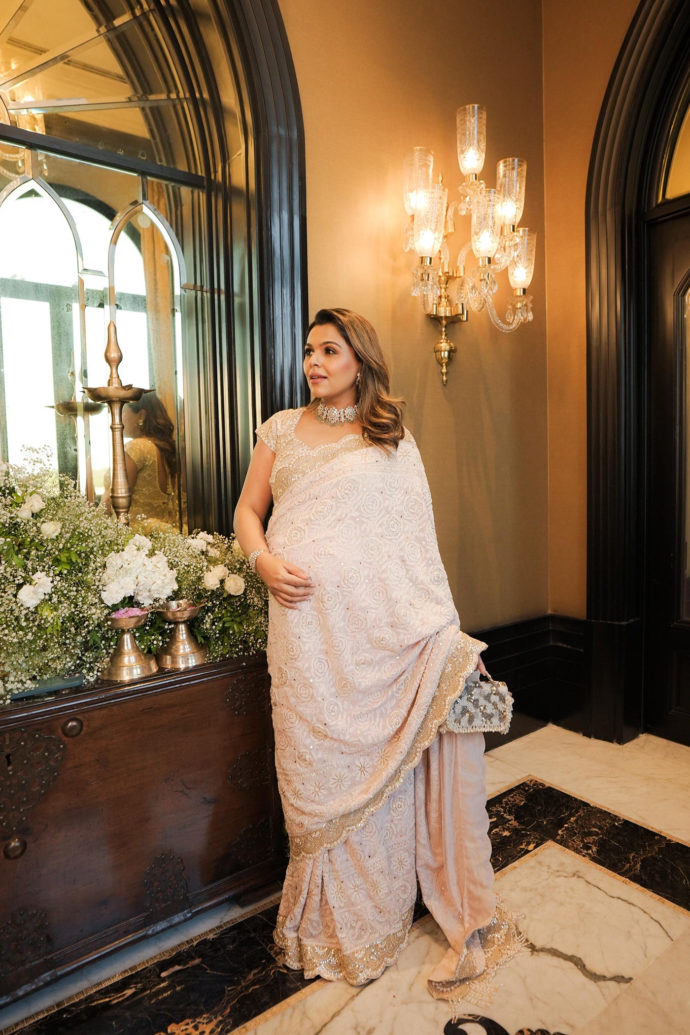 Pink Georgette Chikankari Mukaish Work Saree Set