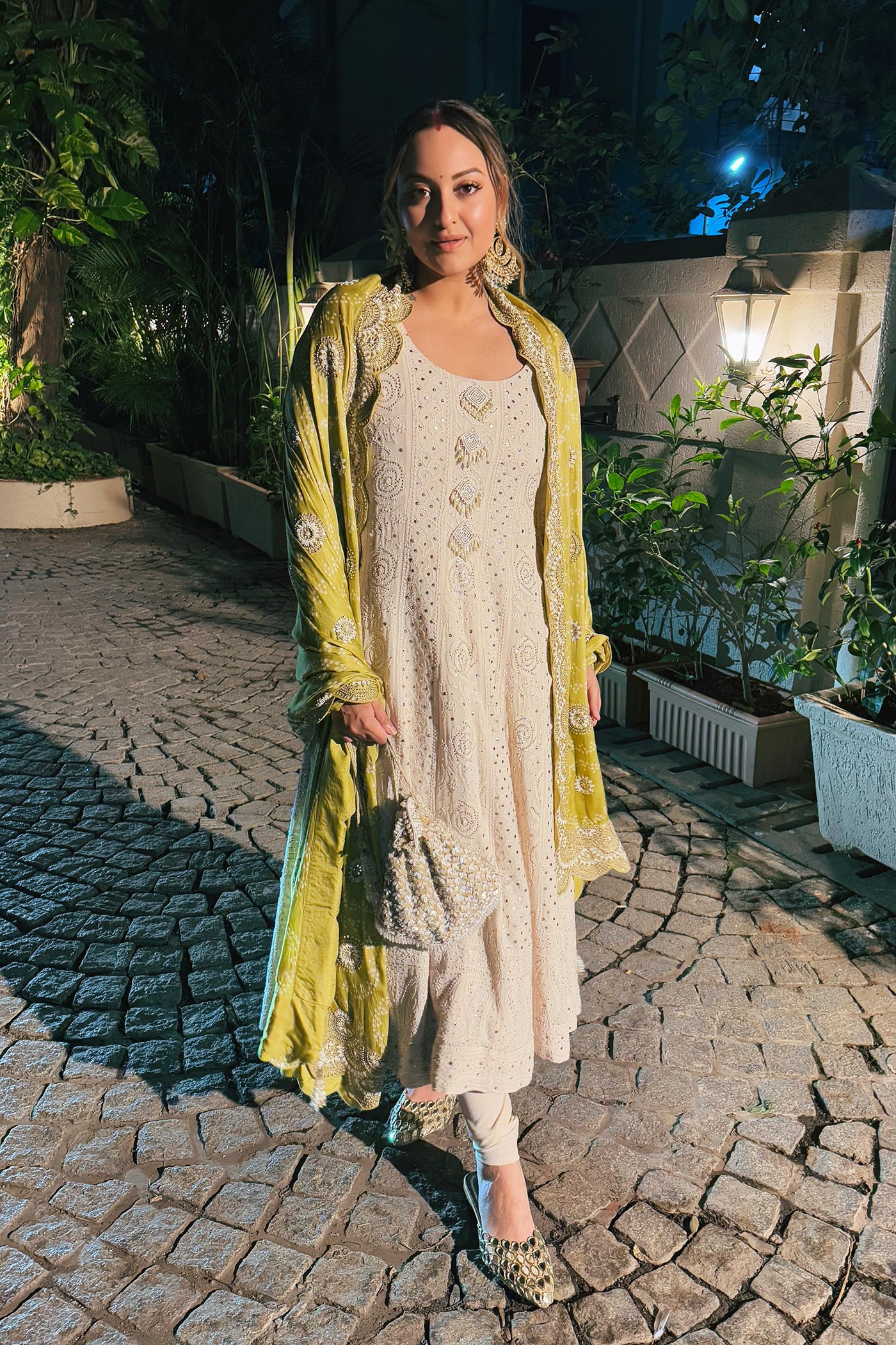 IVORY GEORGETTE CHIKANKARI ROSE MUKAISH ANARKALI SET