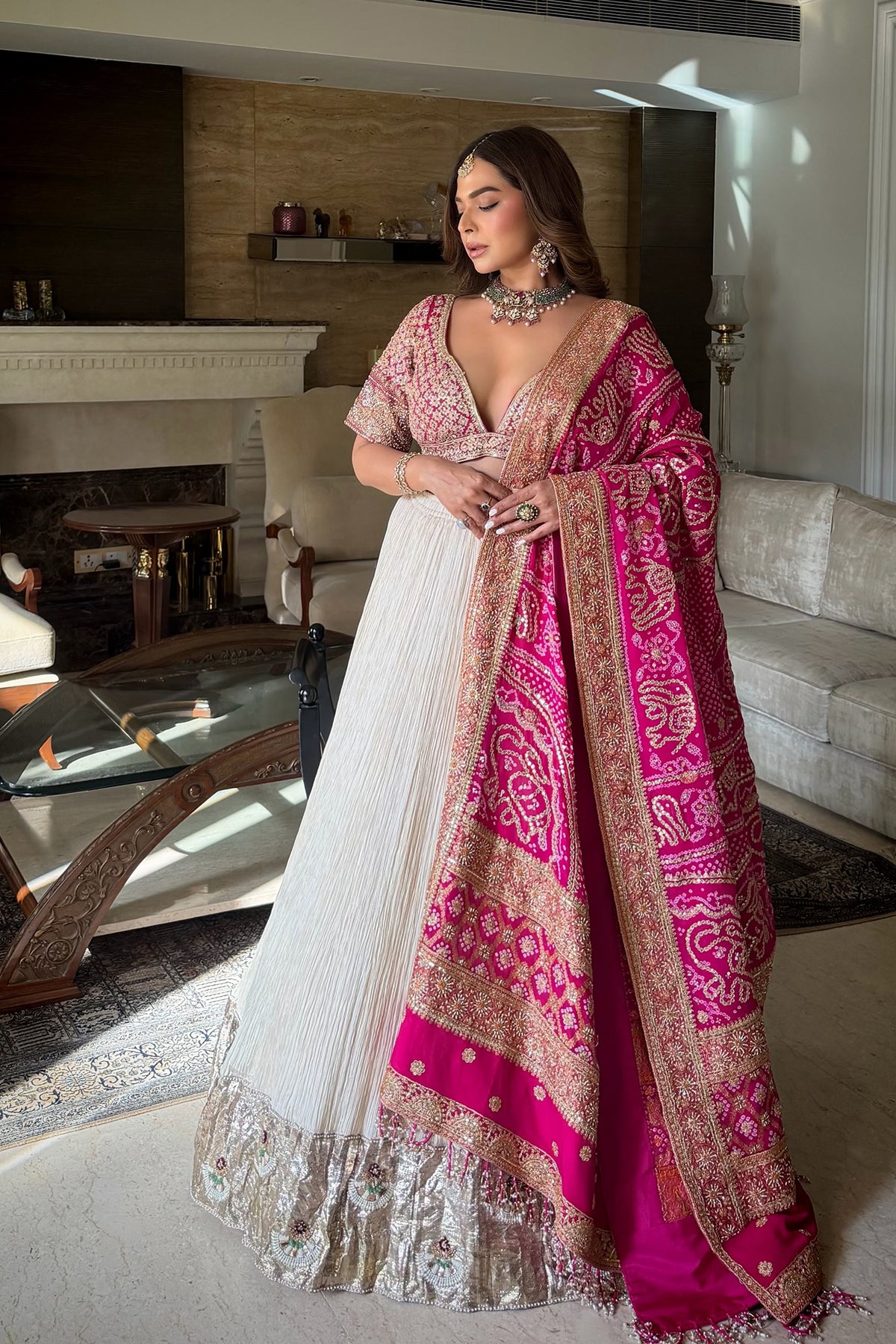 Chandni Girdhar In Ivory Crush Lappa Lehenga with Pink Bandhani Dupatta