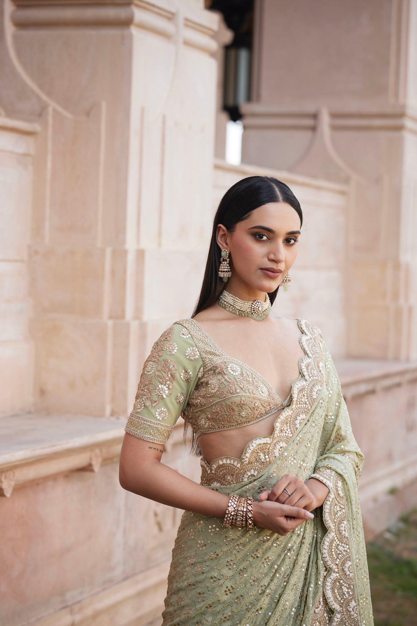 Mint green lehenga saree set