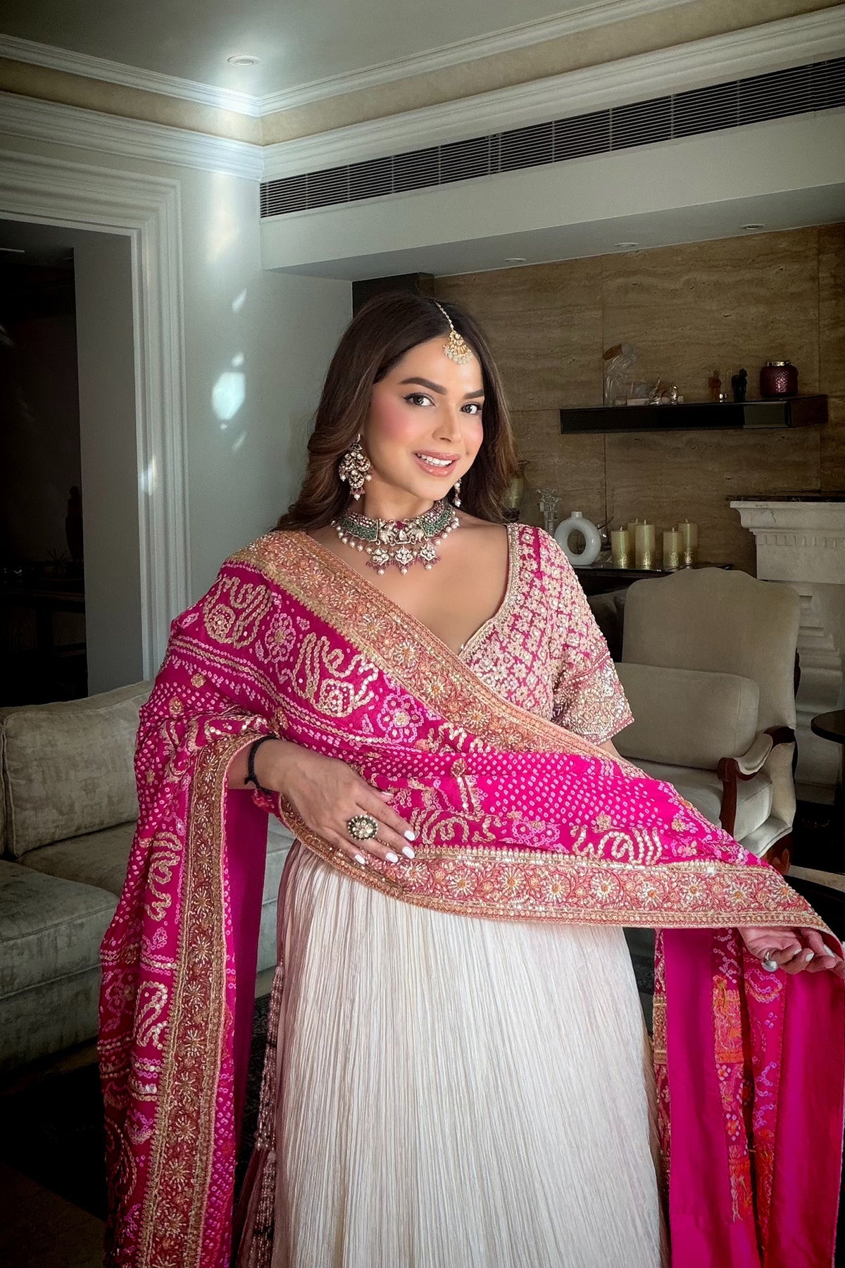 Chandni Girdhar In Ivory Crush Lappa Lehenga with Pink Bandhani Dupatta