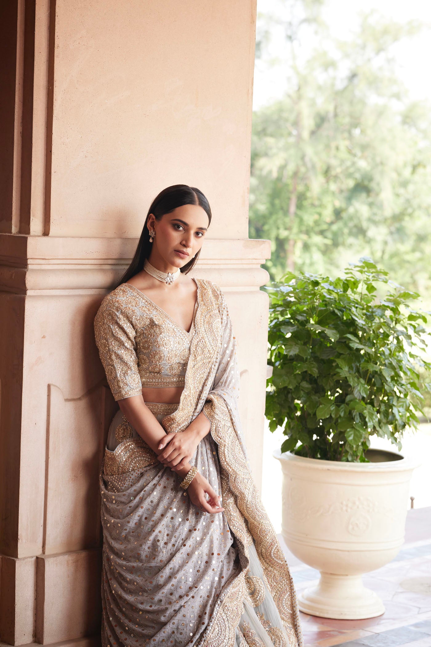 Grey Embroidered Lehenga Saree Set