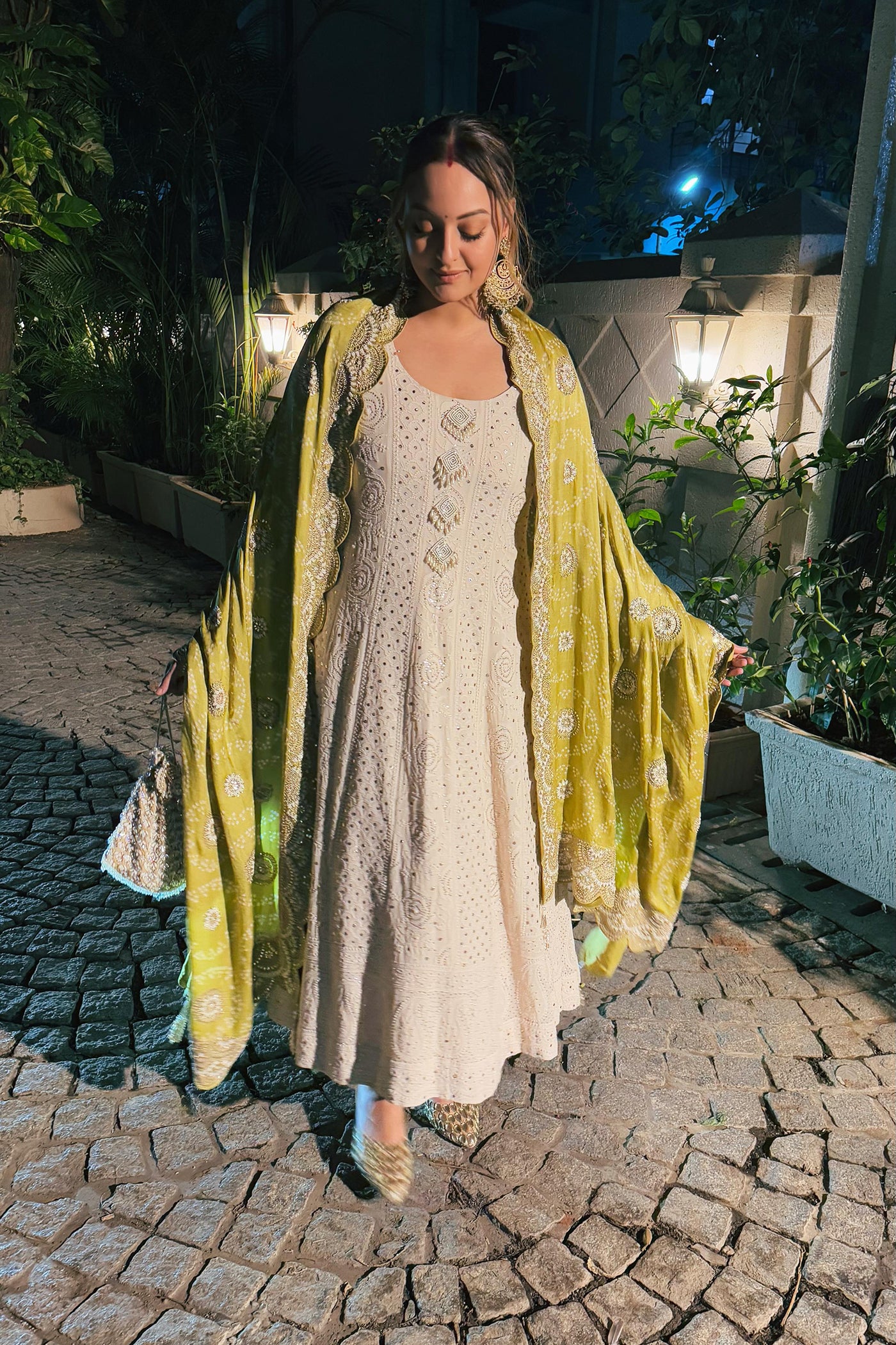 IVORY GEORGETTE CHIKANKARI ROSE MUKAISH ANARKALI SET