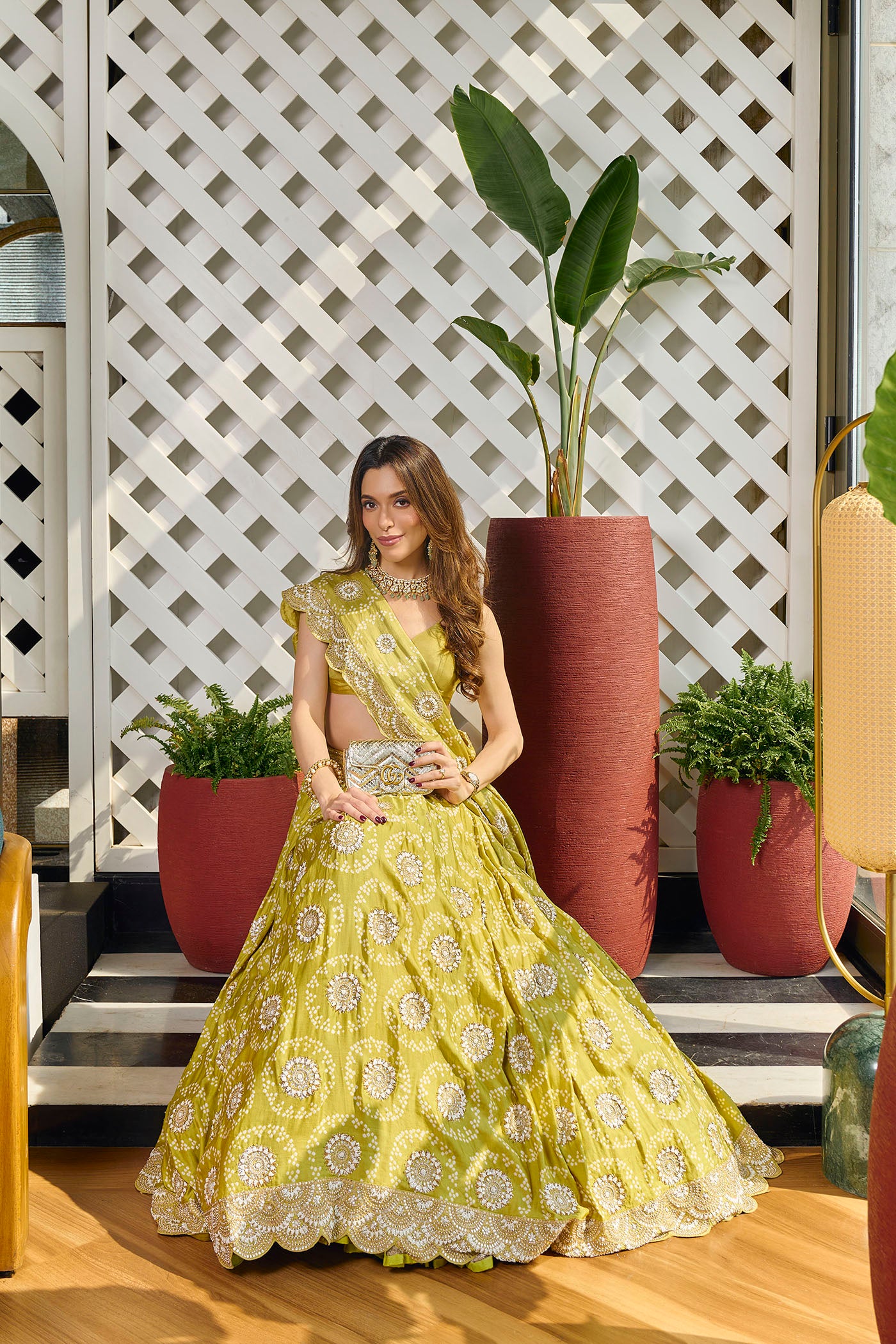 Green Gajji Silk Bandhani Lehenga Set