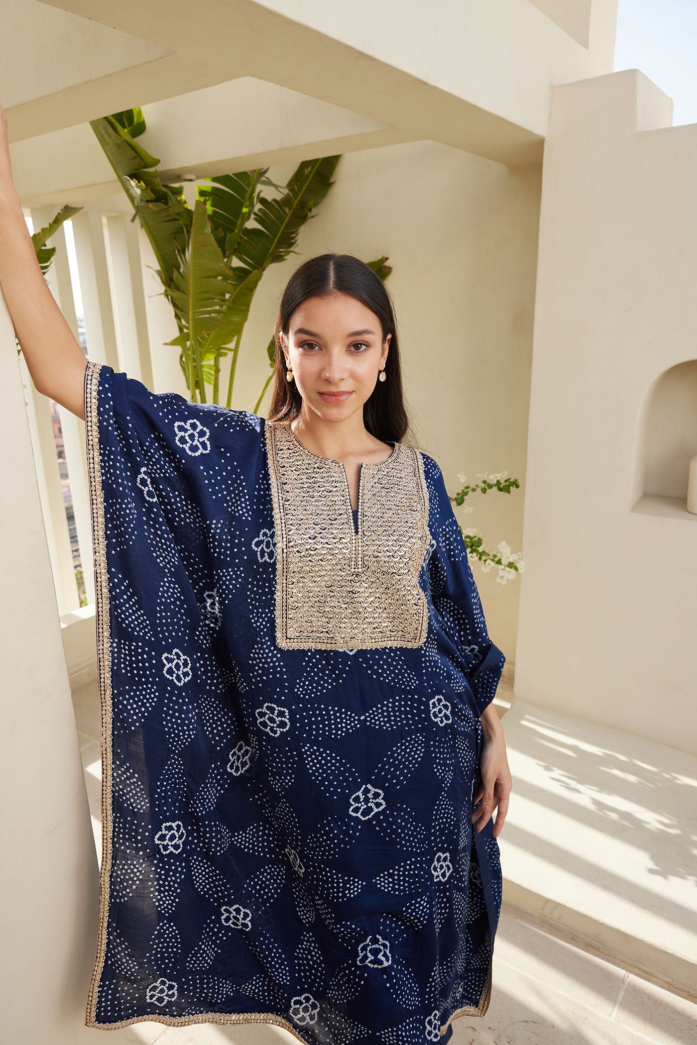 Blue Bandhani Kaftan Set