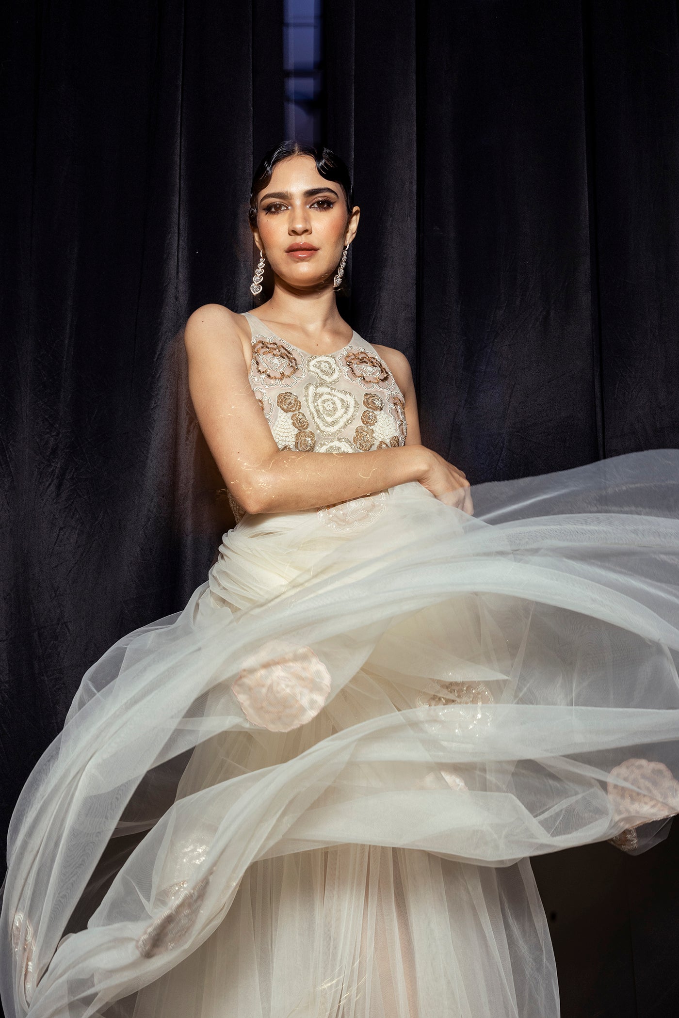 Ivory Floral-Embellished Tulle Gown