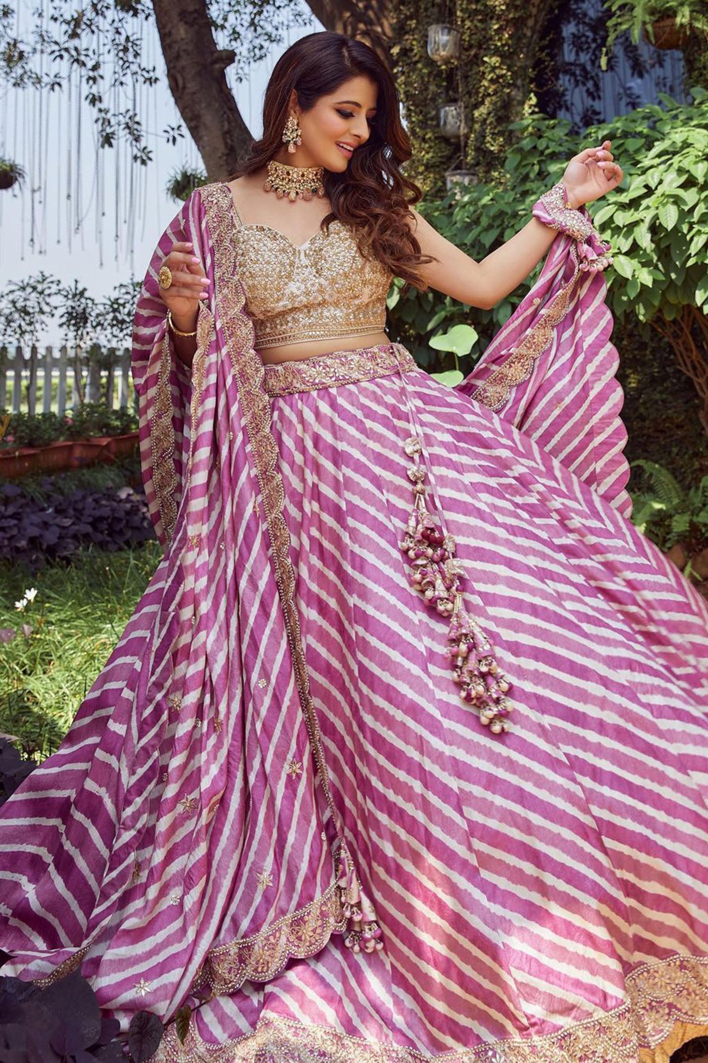 Lavender Leheriya Embroidered Lehenga Set