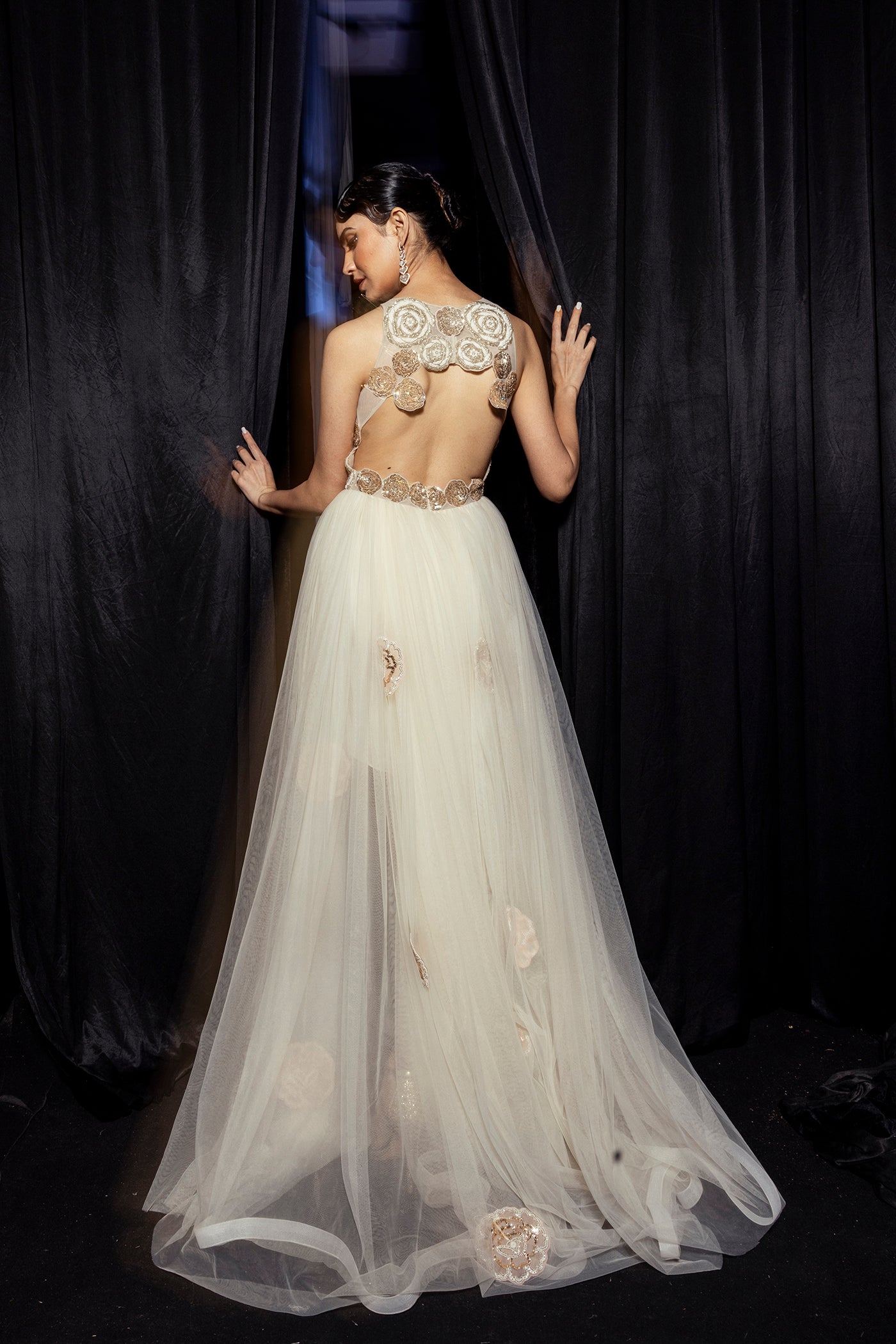 Ivory Floral-Embellished Tulle Gown