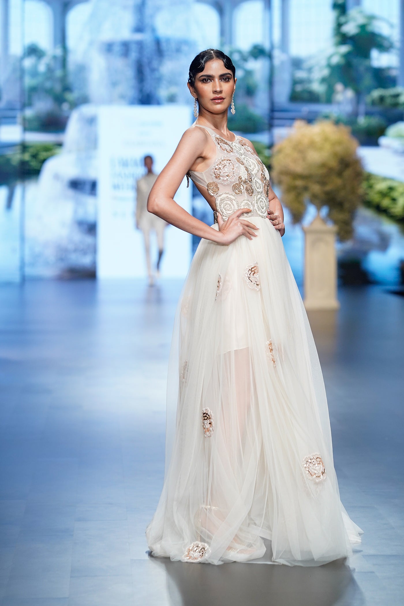 Ivory Floral-Embellished Tulle Gown