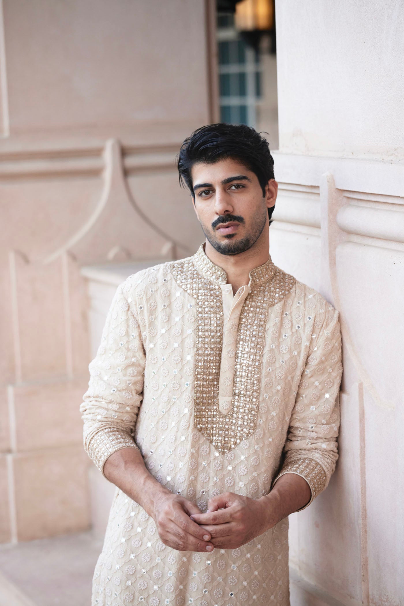 Beige Embroidered chikankari Kurta Set