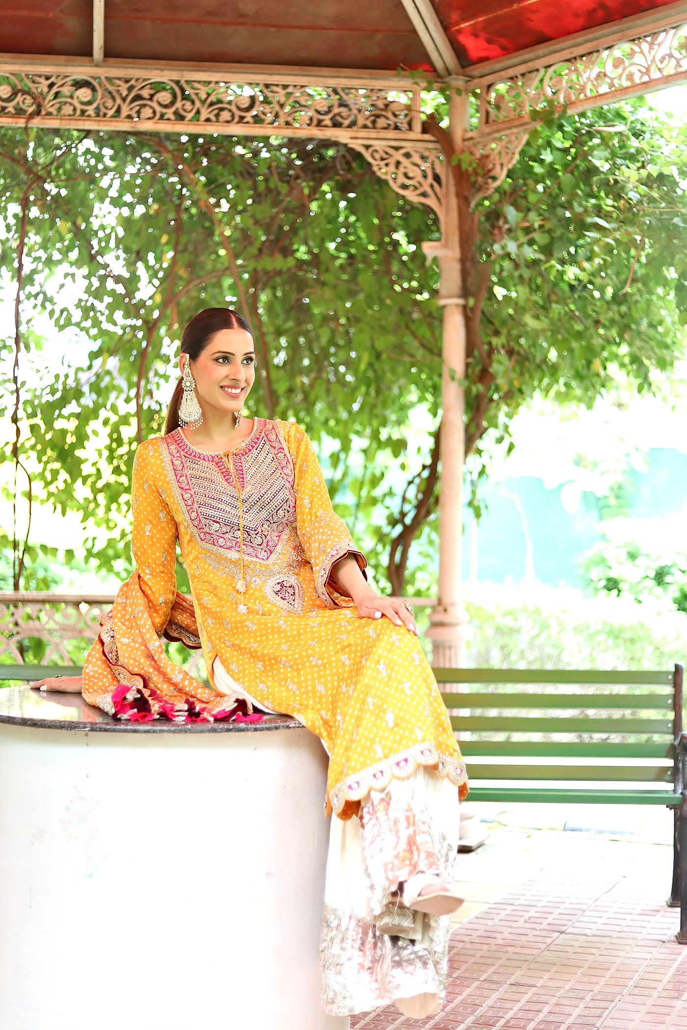Orange Gajji Silk Kurta And Ivory Crushed Sharara Set