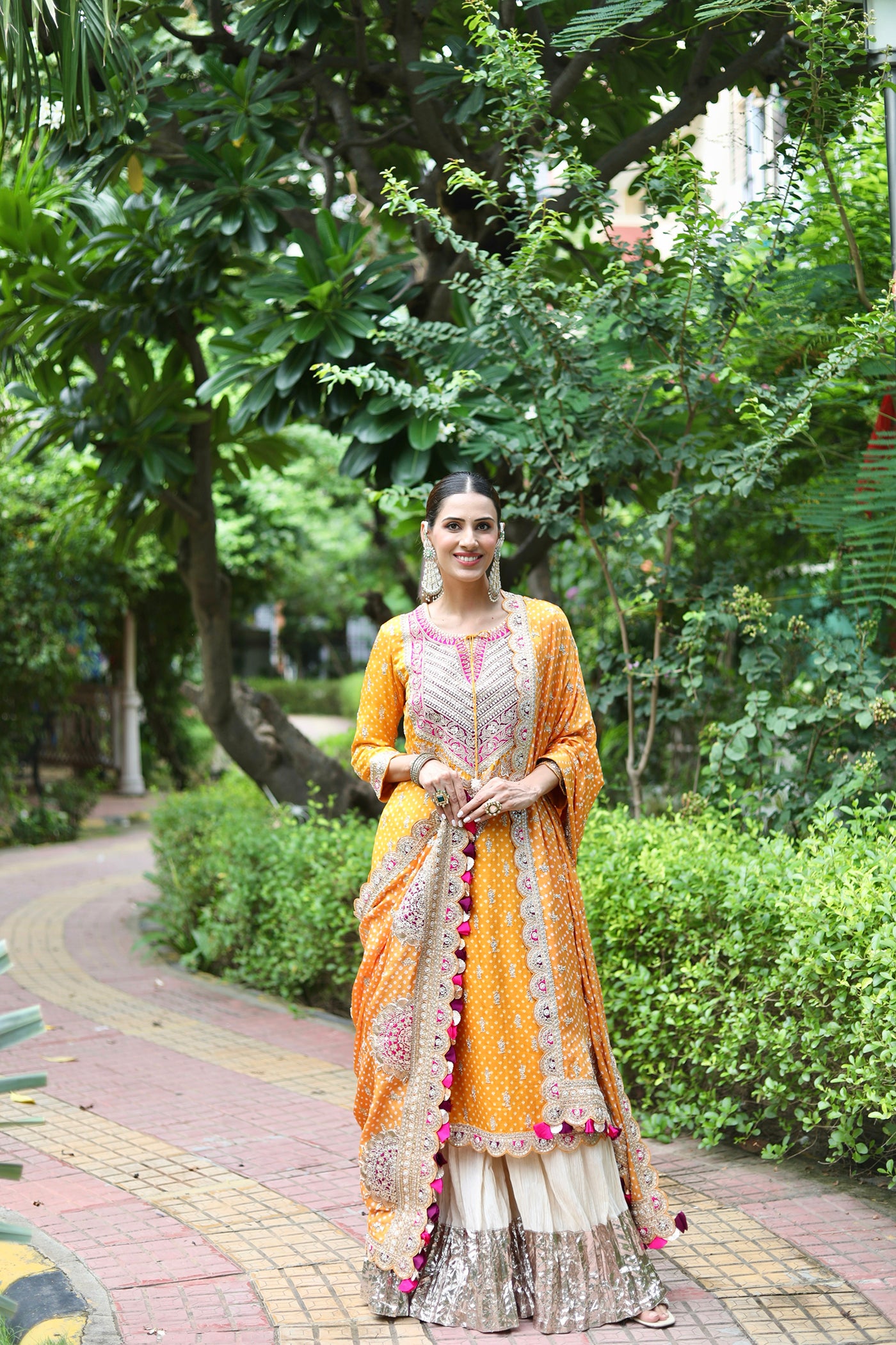 Orange Gajji Silk Kurta And Ivory Crushed Sharara Set