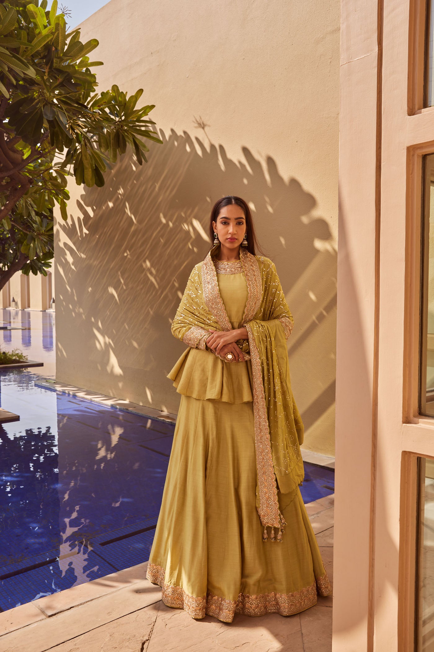 Pista green Moonga Silk Lehenga Set