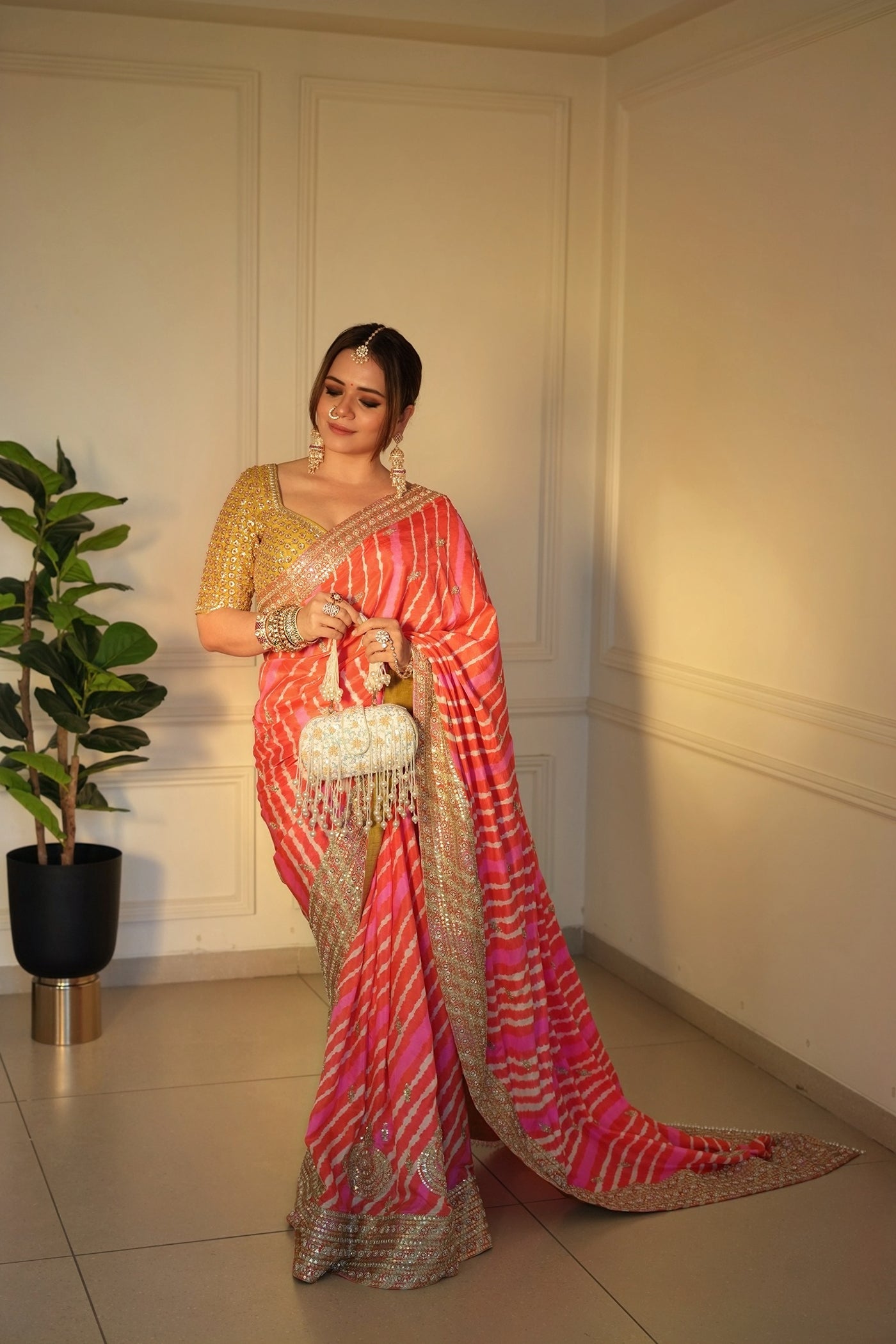 Orange Pink Yellow Dupion Silk Leheriya Saree