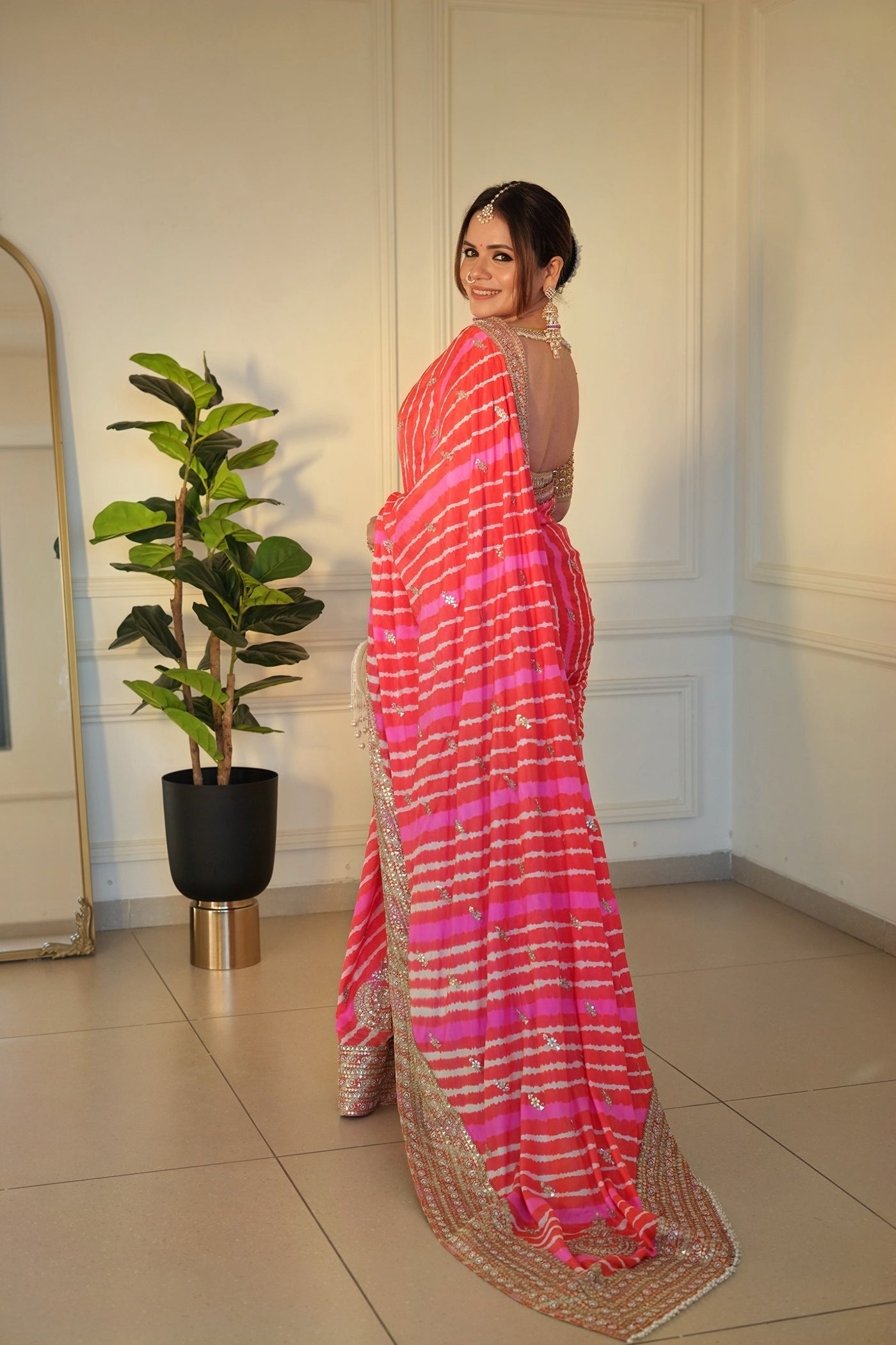 Orange Pink Yellow Dupion Silk Leheriya Saree