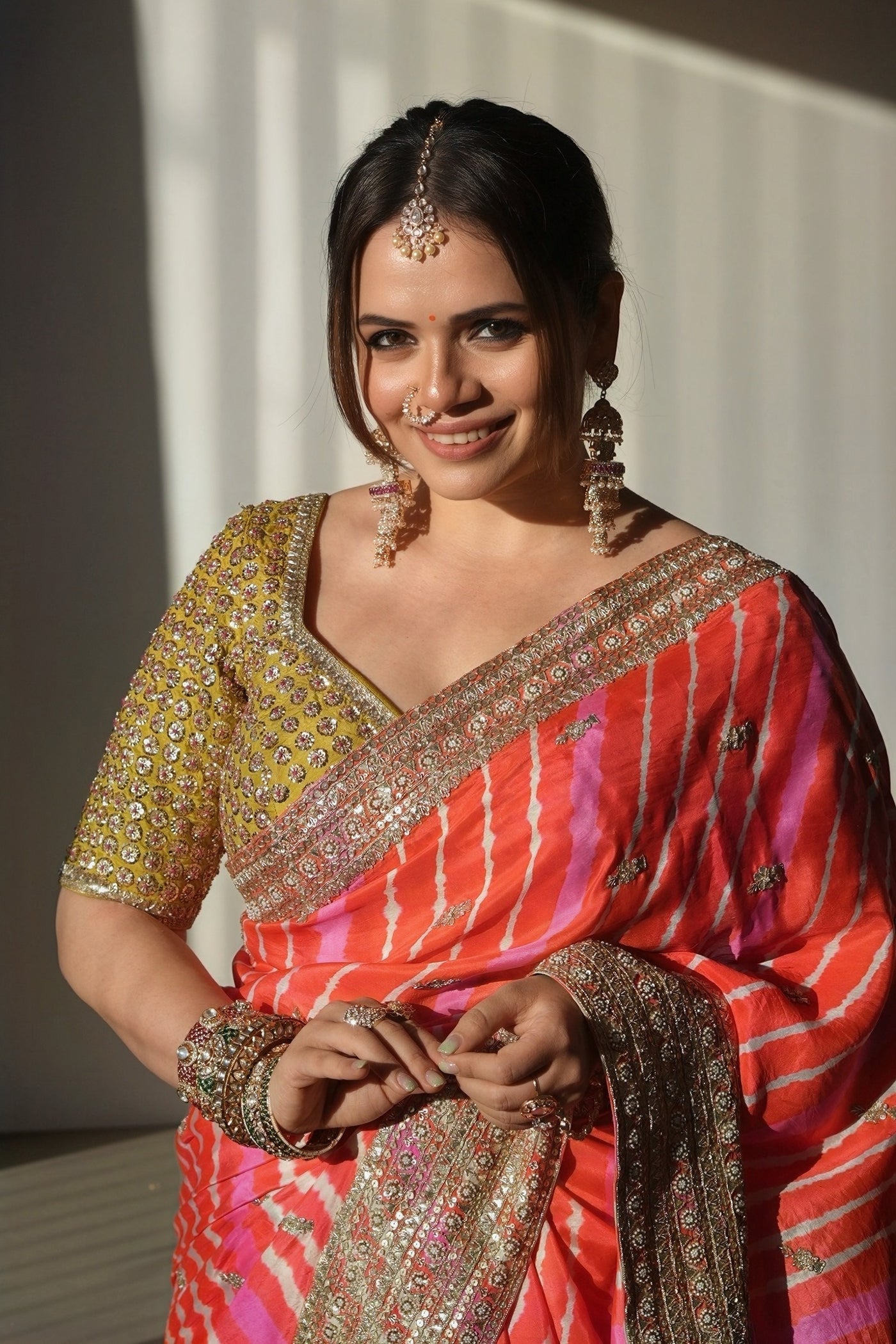 Orange Pink Yellow Dupion Silk Leheriya Saree