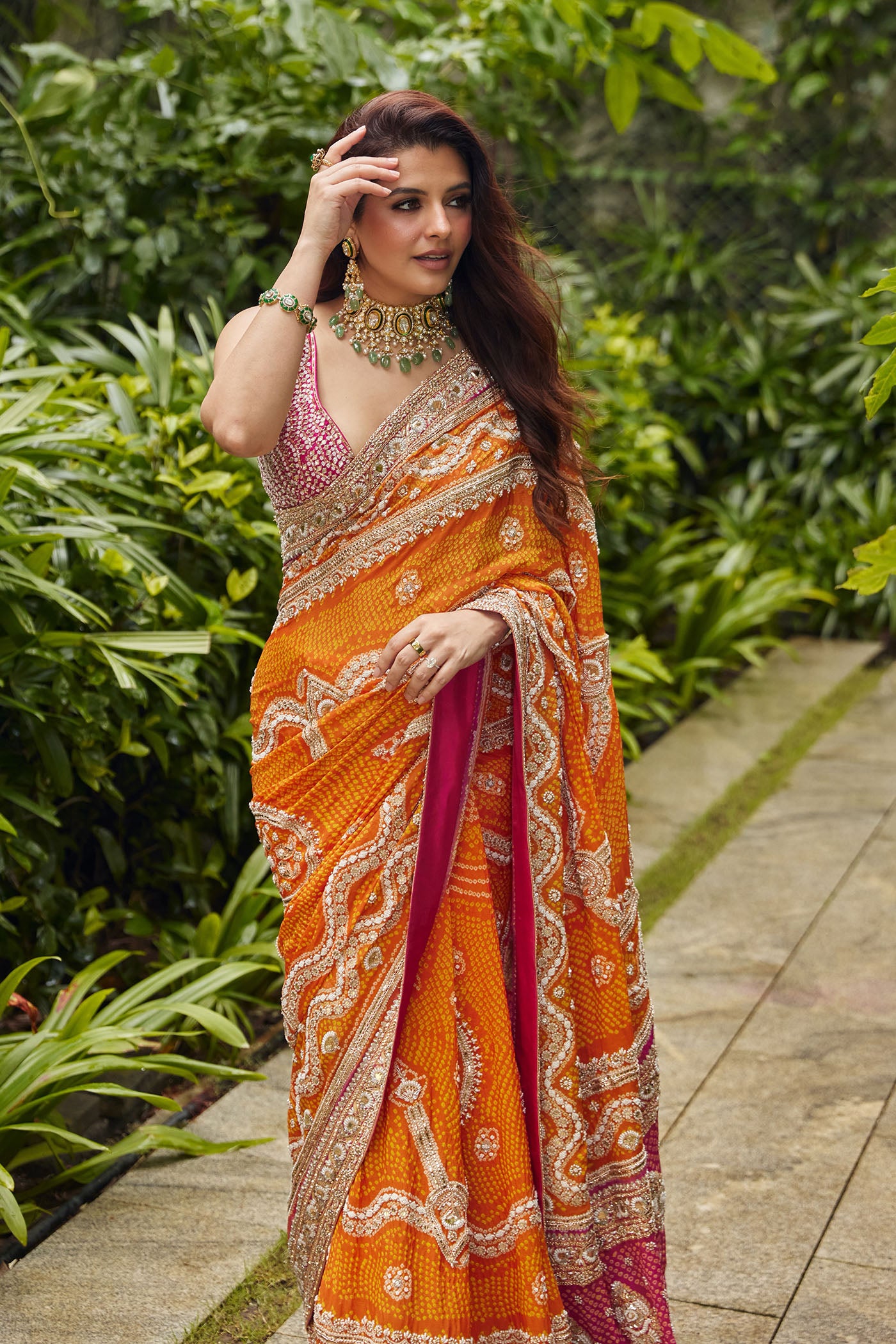 Pink-Orange Georgette Bandhani Saree Set