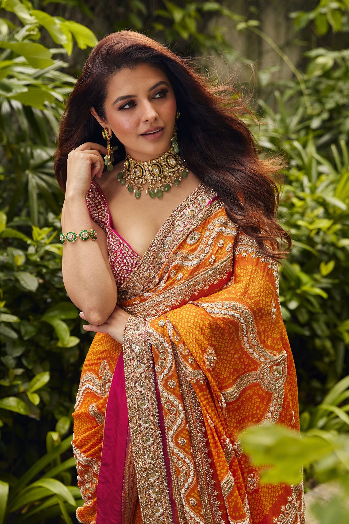 Pink-Orange Georgette Bandhani Saree Set