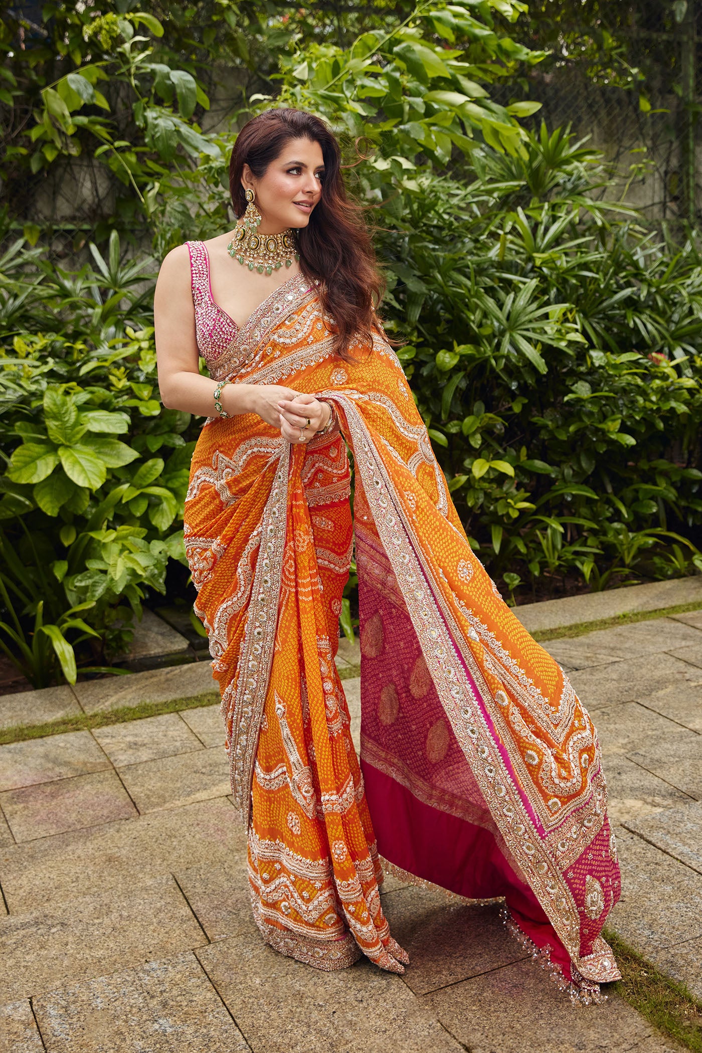 Pink-Orange Georgette Bandhani Saree Set