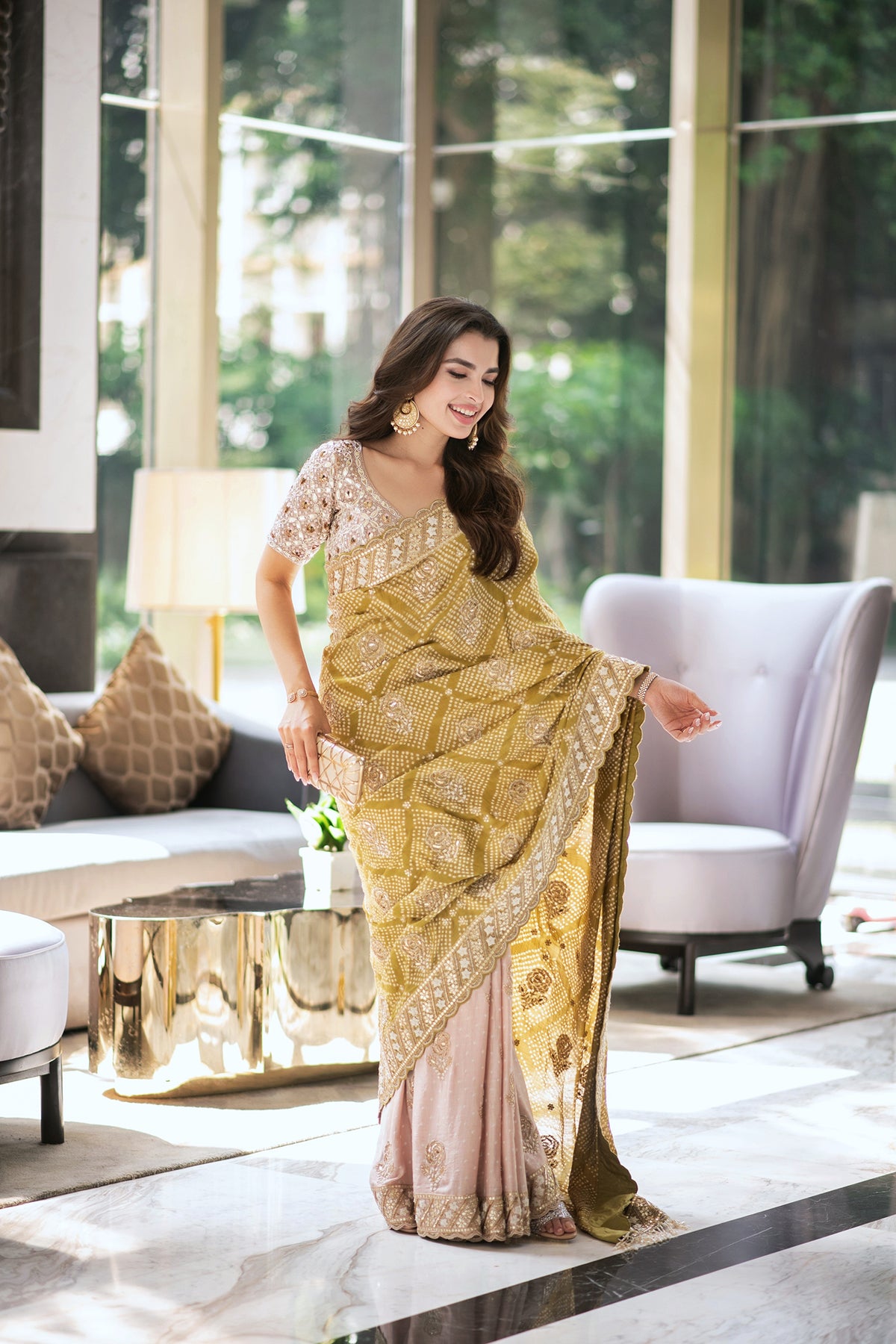 Saachi Bhasin In Peach Green Half & Half Bandhani Saree Set
