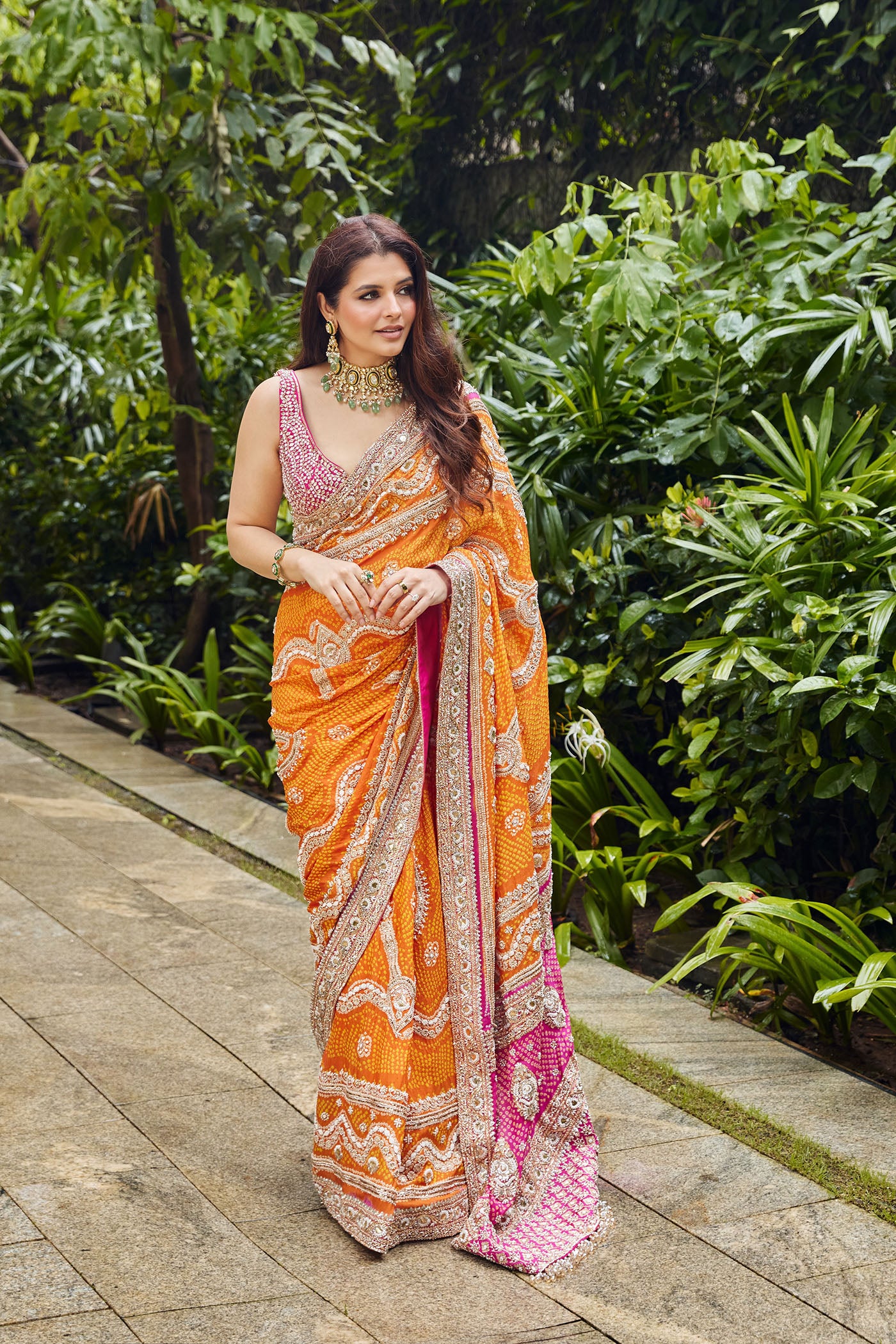 Pink-Orange Georgette Bandhani Saree Set