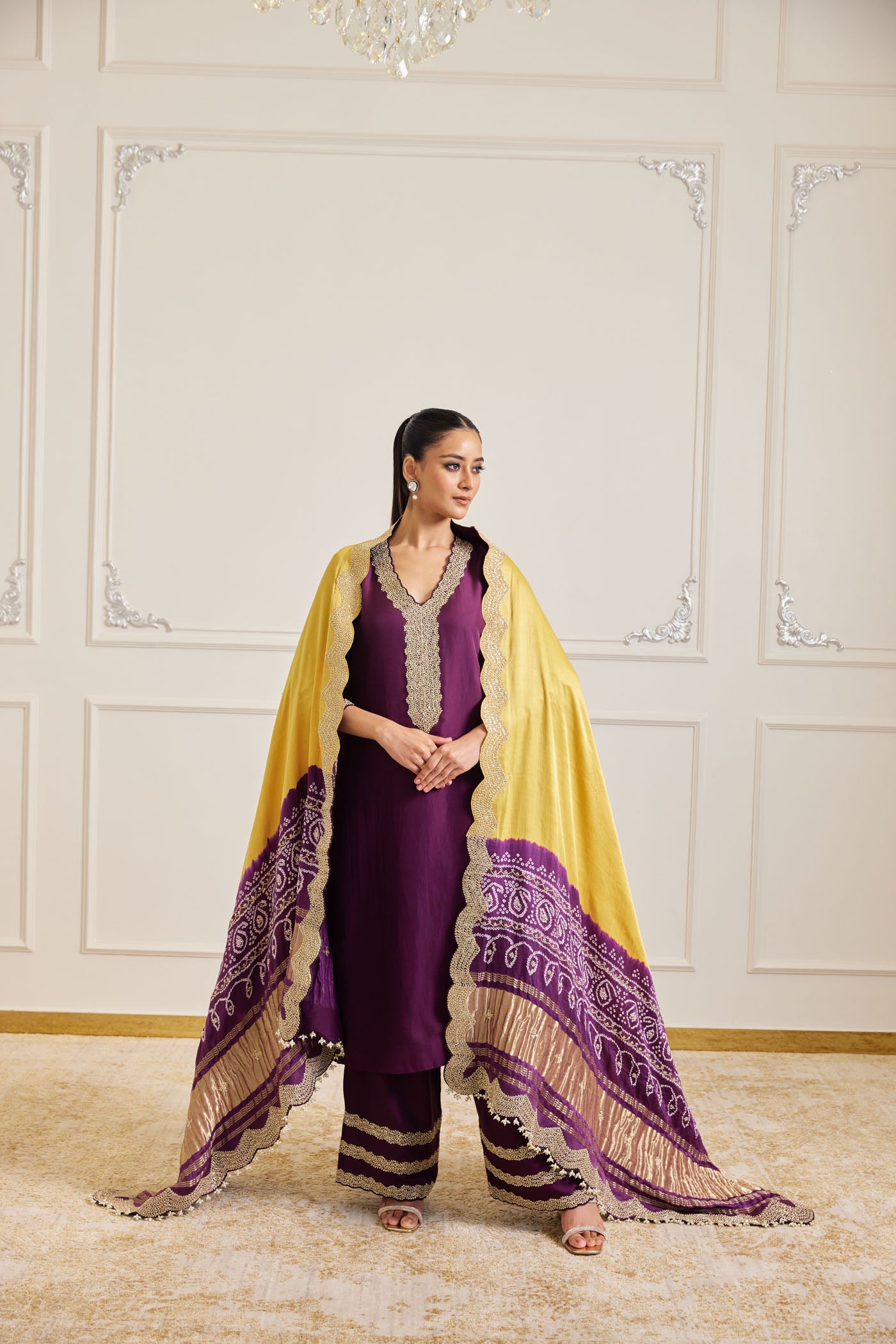 Plum & Mustard Bandhani Kurta Set With Dupatta