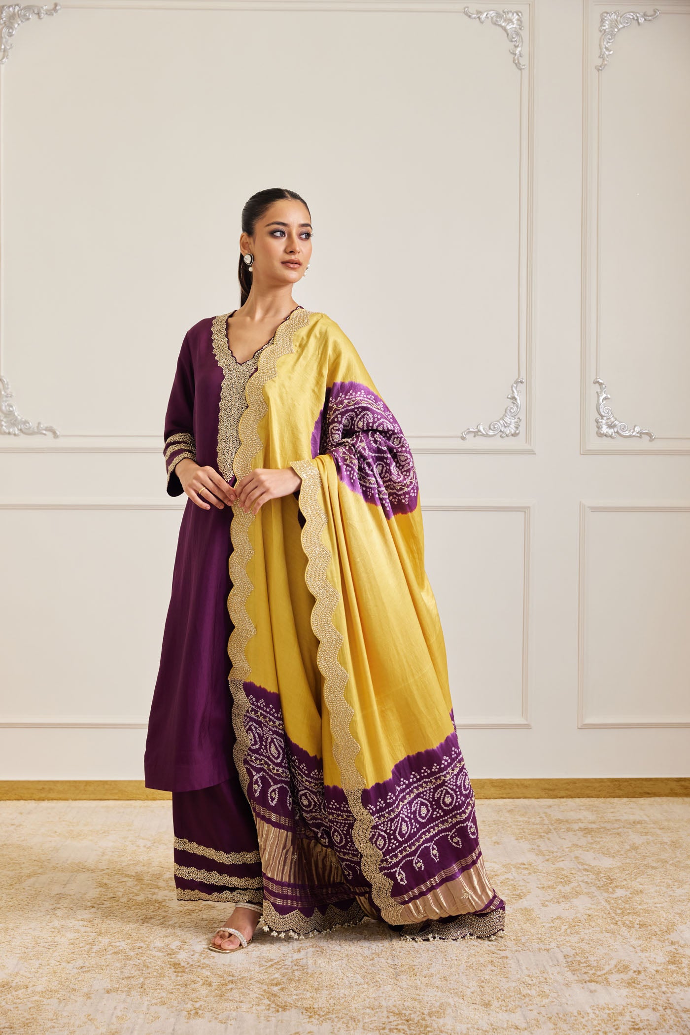 Plum & Mustard Bandhani Kurta Set With Dupatta
