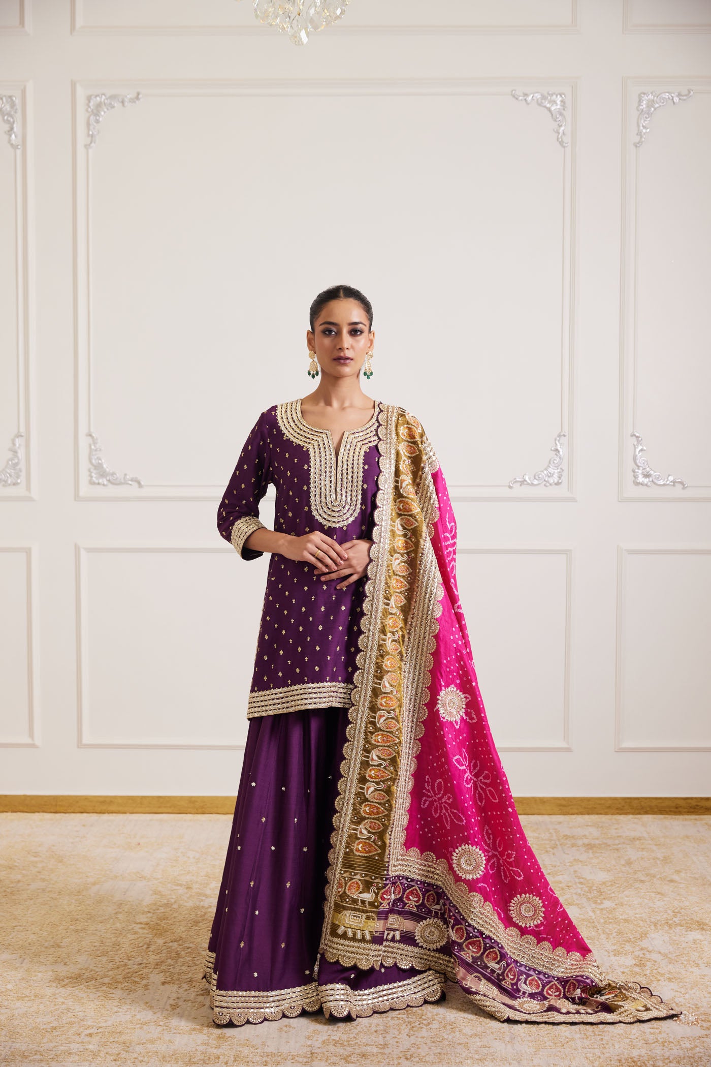 Plum Embellished Kurta Sharara Set With Dupatta