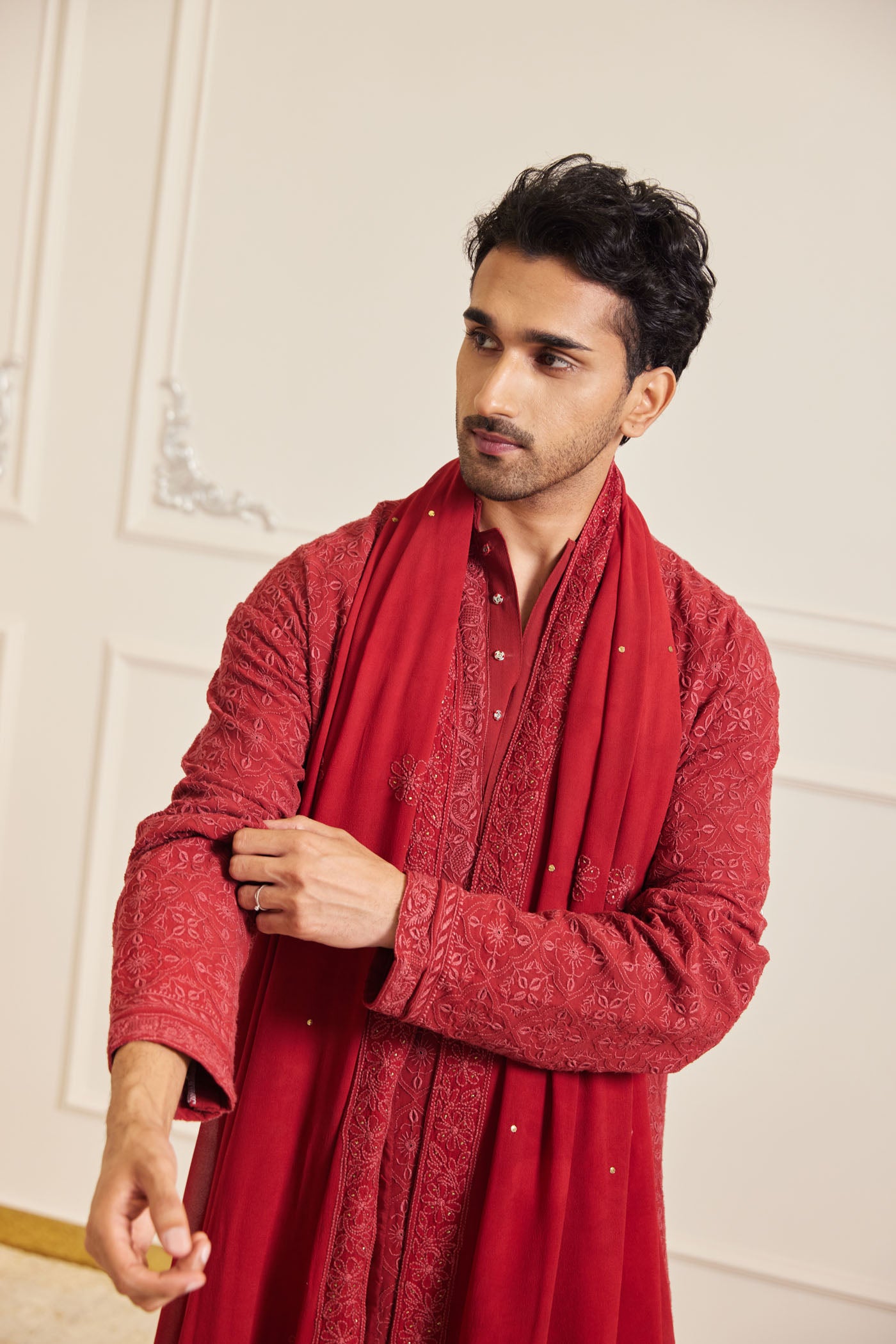 Deep Red Chikankari Kurta Set With Stole
