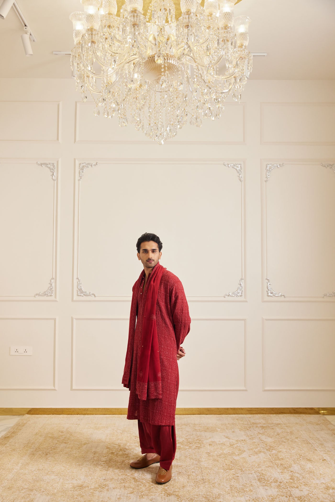 Deep Red Chikankari Kurta Set With Stole