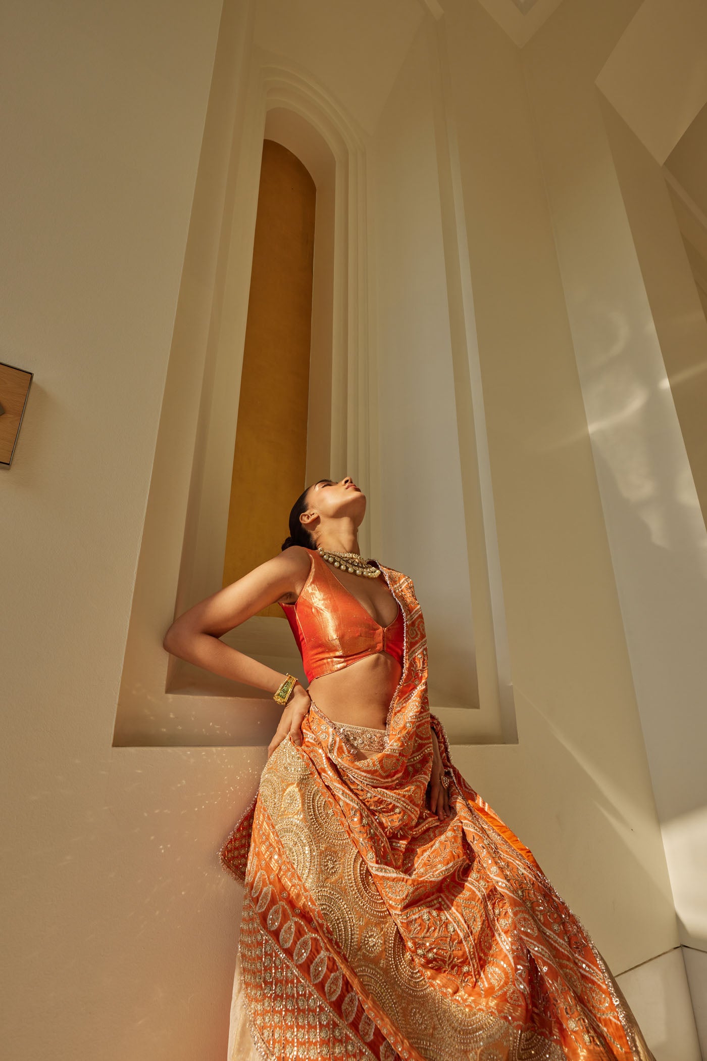 Gold & Orange Banarasi Tissue Lehenga Set