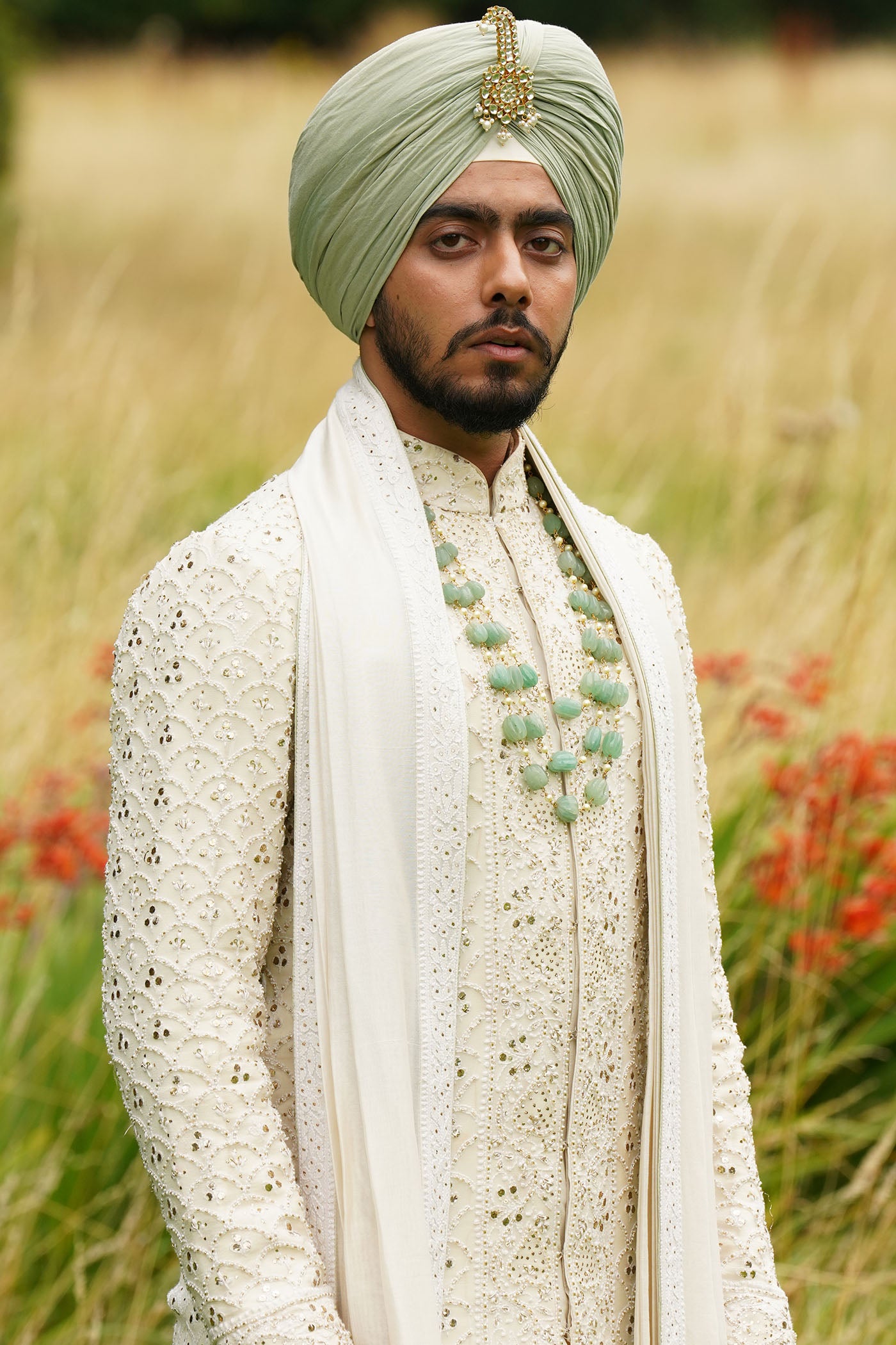 Ivory Chikankari Sherwani With Dupatta